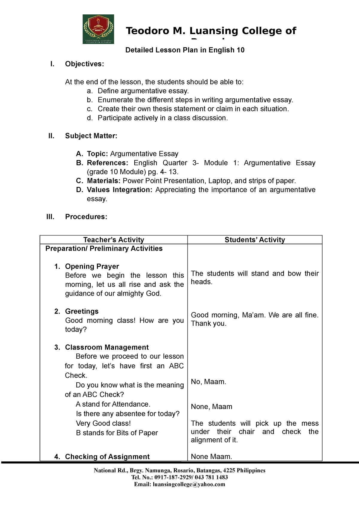 argumentative essay lesson objectives