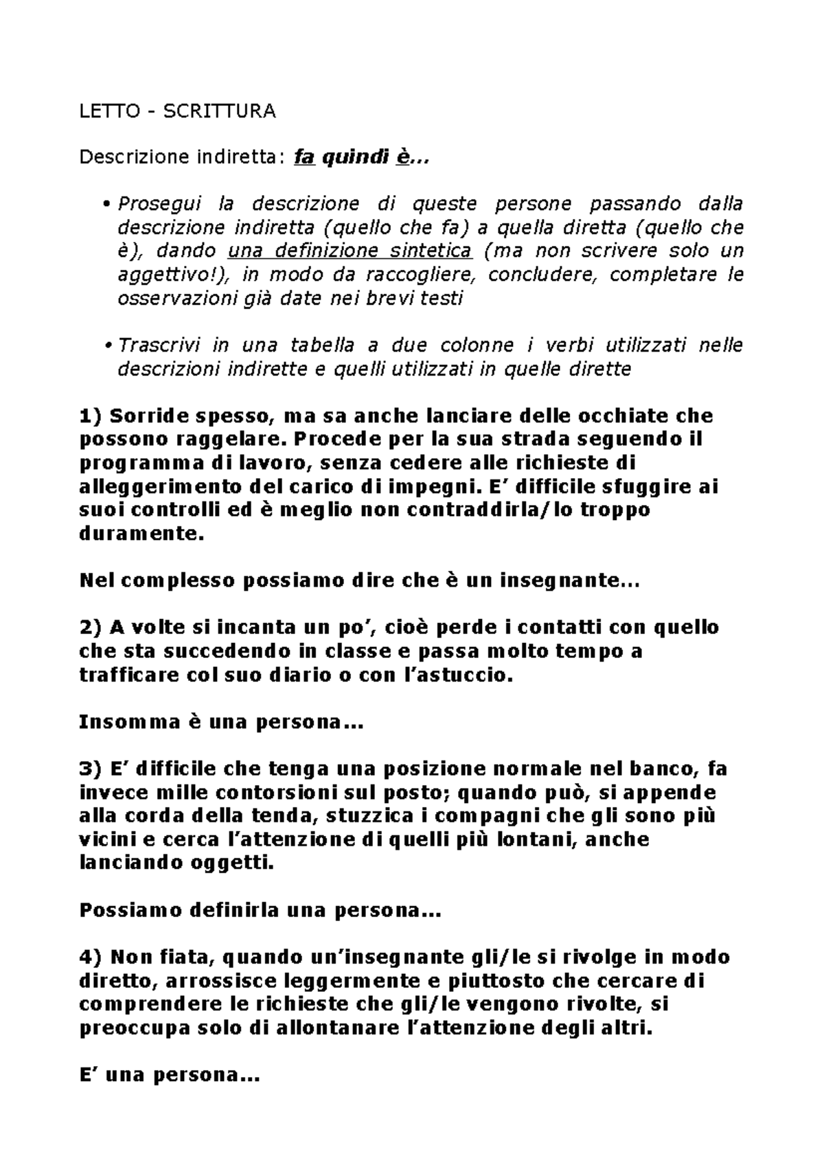 Descrizione indiretta - LETTO - SCRITTURA Descrizione indiretta: fa ...