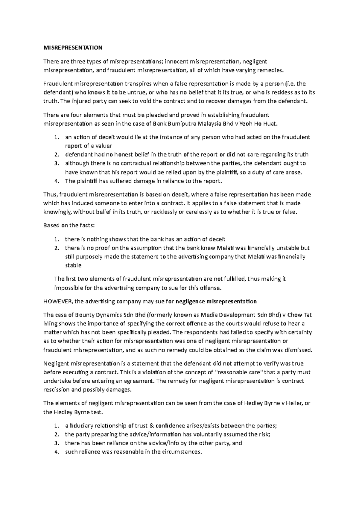 Tort Assignment - types of misrepresentation - MISREPRESENTATION There ...