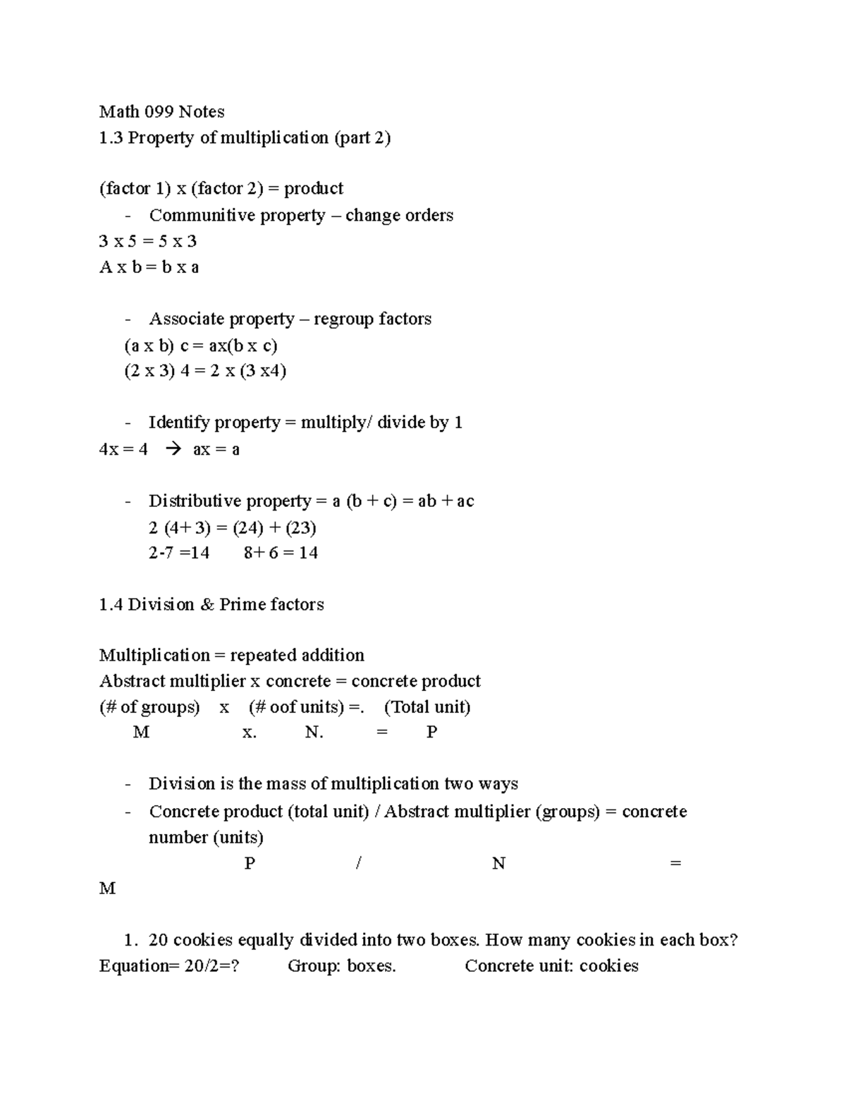 Math Notes- Property Multipication - Math 099 Notes 1 Property of ...