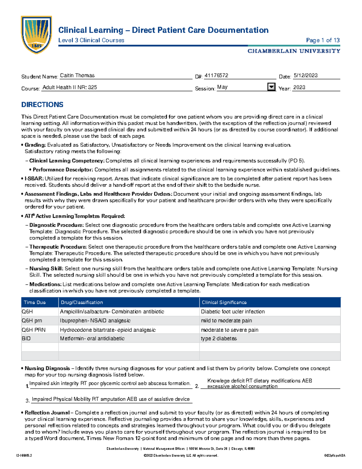 Careplan week 1 - alt - NR 224 - Chamberlain University - Studocu
