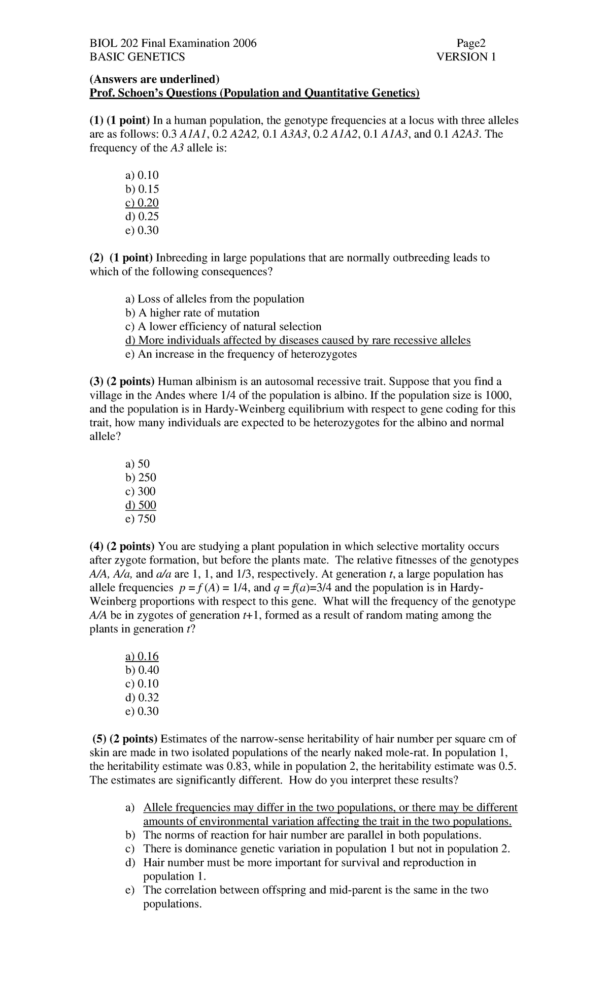 Final 2006 - BASIC GENETICS VERSION 1 (Answers are underlined) Prof ...
