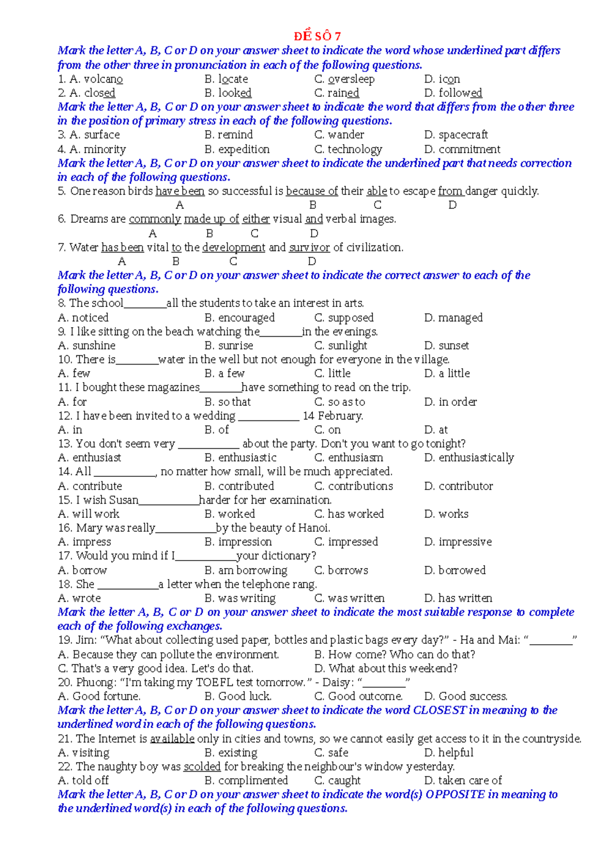 Đề số 07 - Test 07 - Đ ỀSÔ 7 Mark the letter A, B, C or D on your ...
