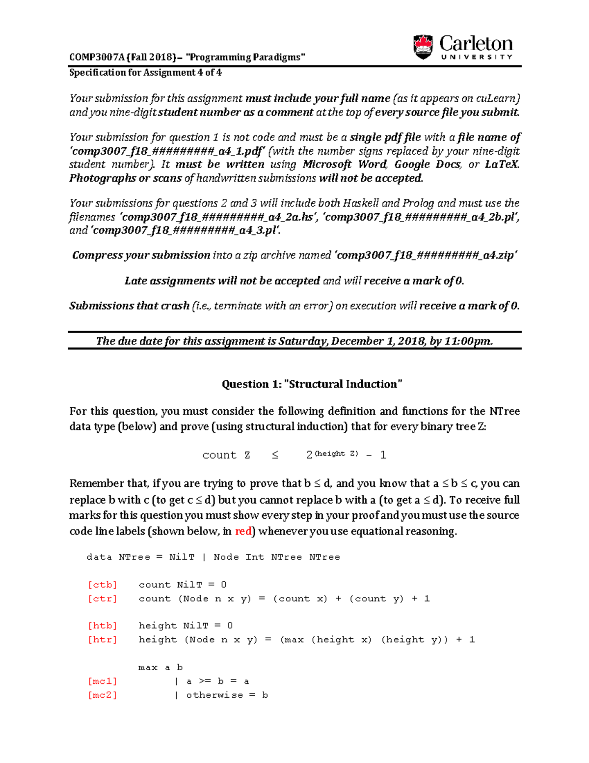 Specification for Assignment 4 of 4 - COMP3007A (Fall 2018 ...