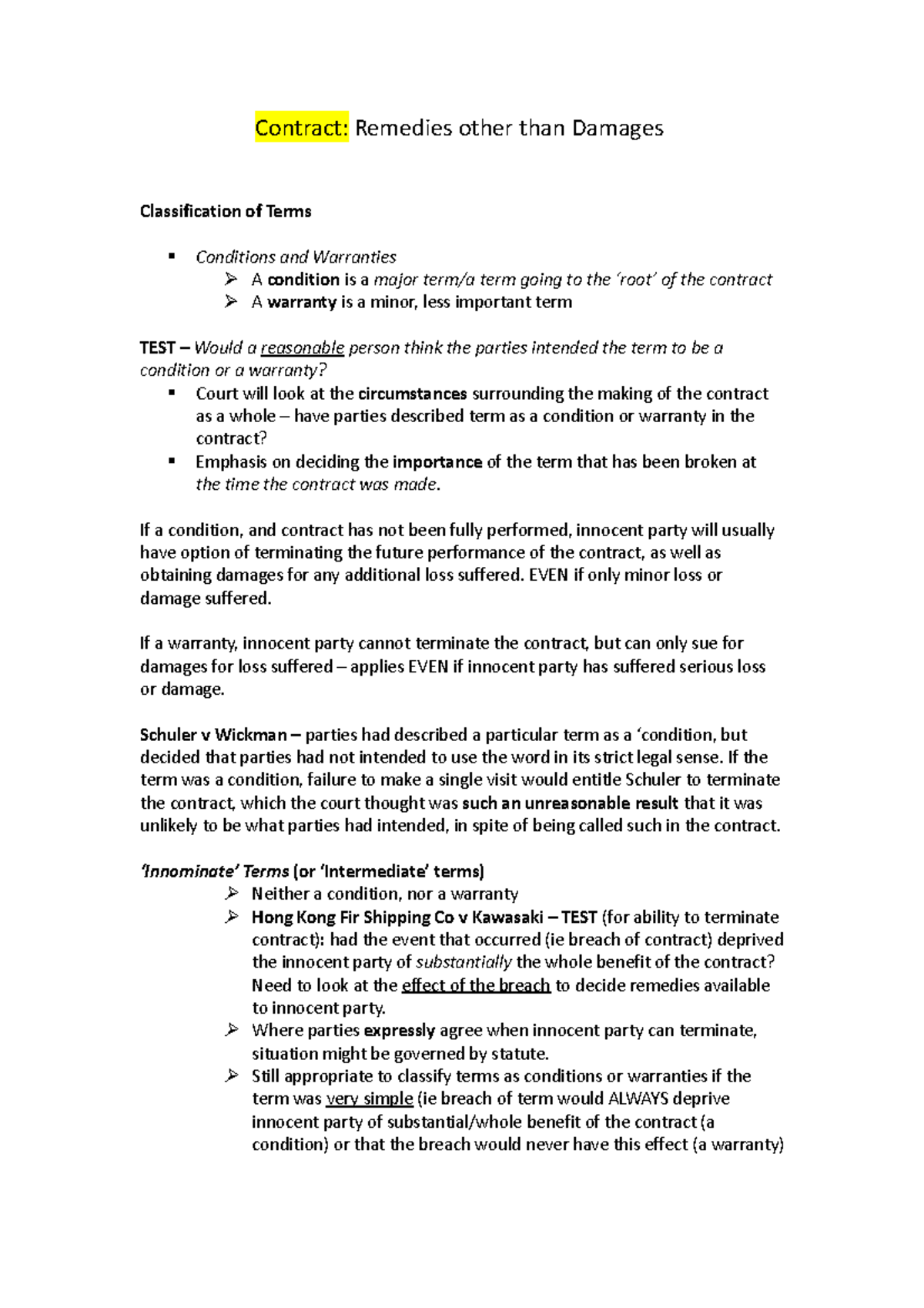 Contract 5 - Remedies other than Damages - Contract: Remedies other ...