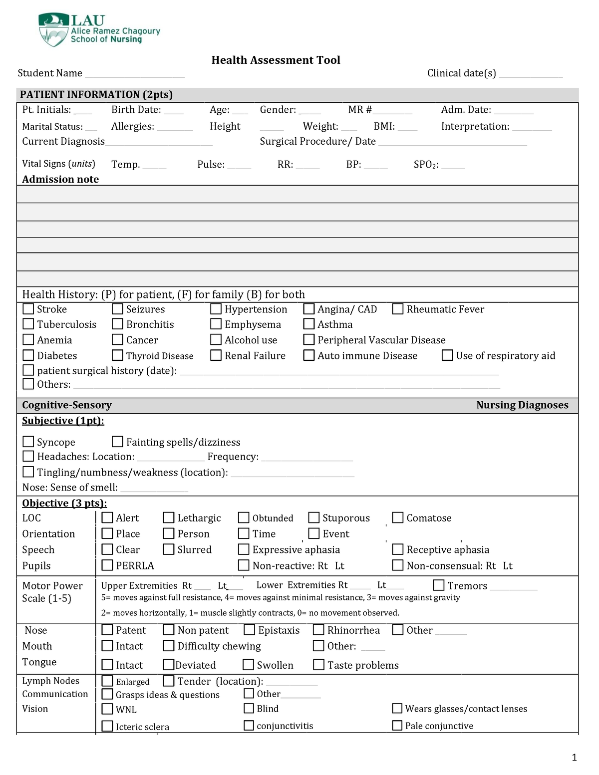 Physical assessment form - 1 Health Assessment Tool Student Name