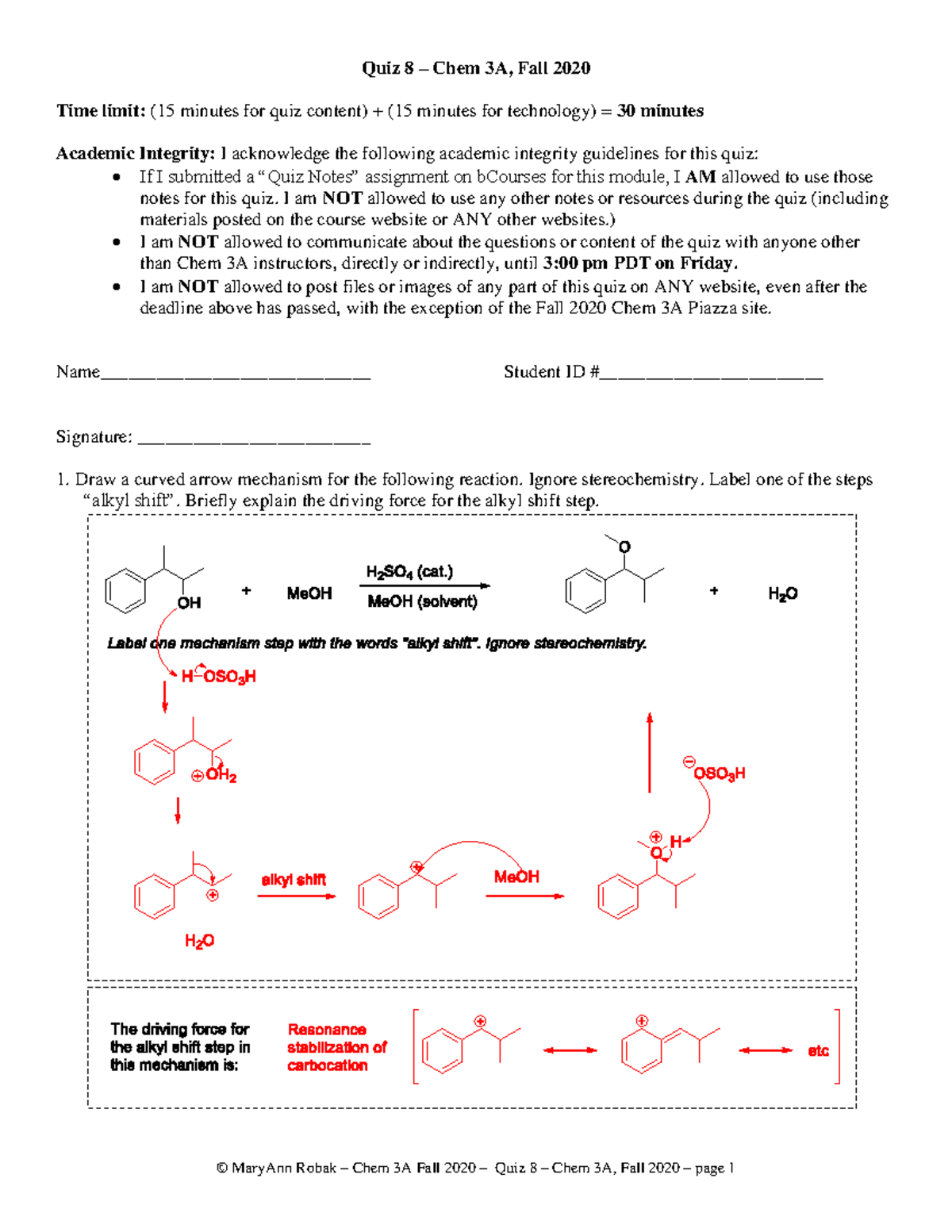 Fa20 3A Quiz 08 Key - Fa20 3A Quiz 08 Key - © MaryAnn Robak – Chem 3A ...