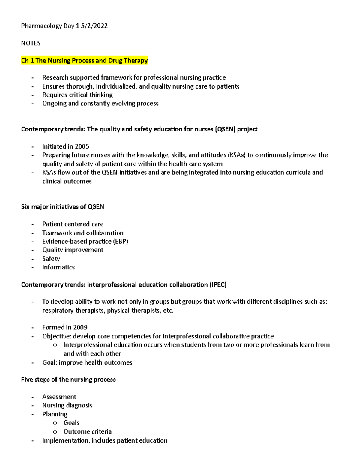 Pharmacology Notes help - Pharmacology Day 1 5/2/ NOTES Ch 1 The ...