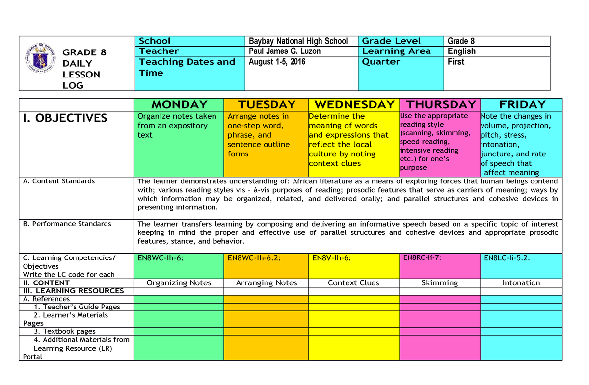 Dll Sample English 8 - GRADE 8 DAILY LESSON LOG School Baybay National ...