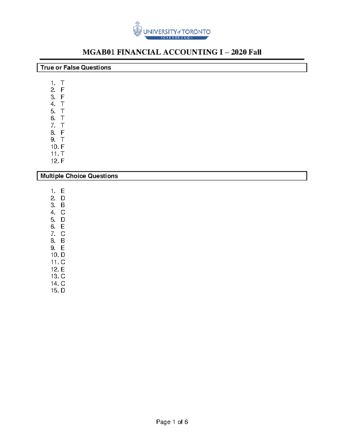 MGAB01 Midterm Review Solution - True or False Questions 1. T 2. F 3. F ...