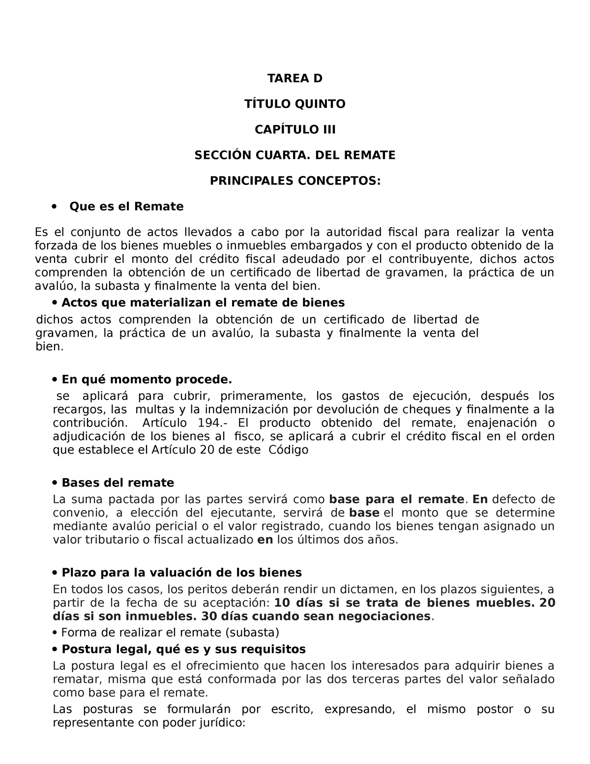 Tarea D - TAREA D TÍTULO QUINTO CAPÍTULO III SECCIÓN CUARTA. DEL REMATE ...