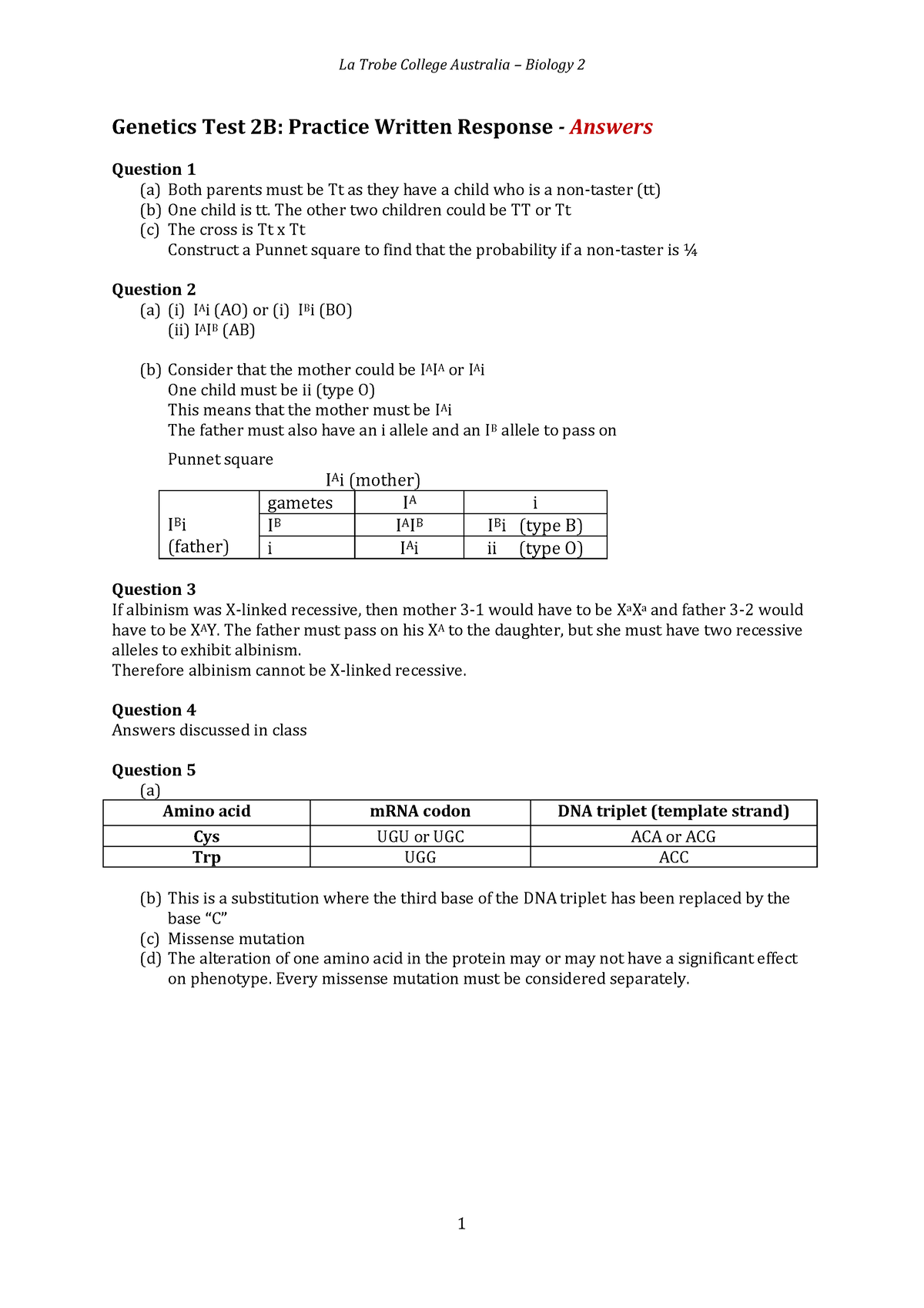 Test 2B Practice Written Response Answers - La Trobe College Australia