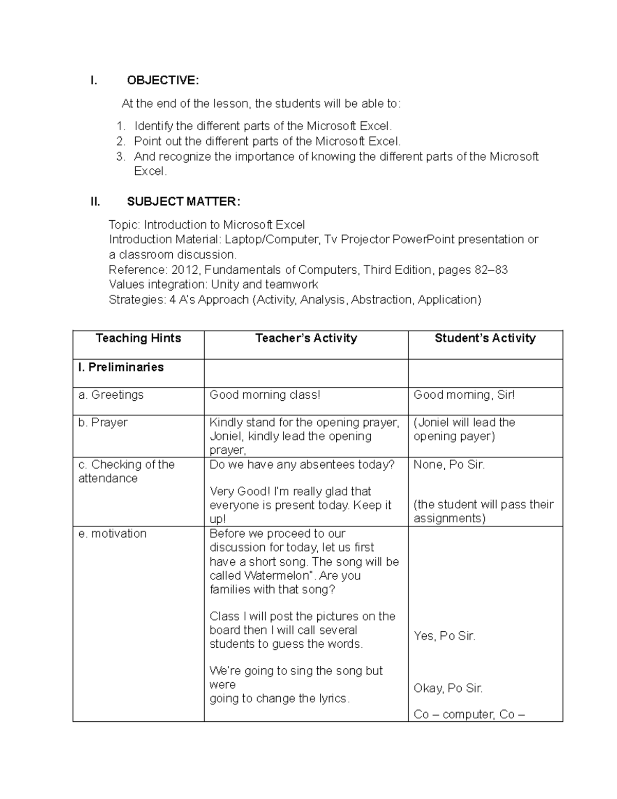 LP2 - please use this lesson plan to your student - I. OBJECTIVE: At ...