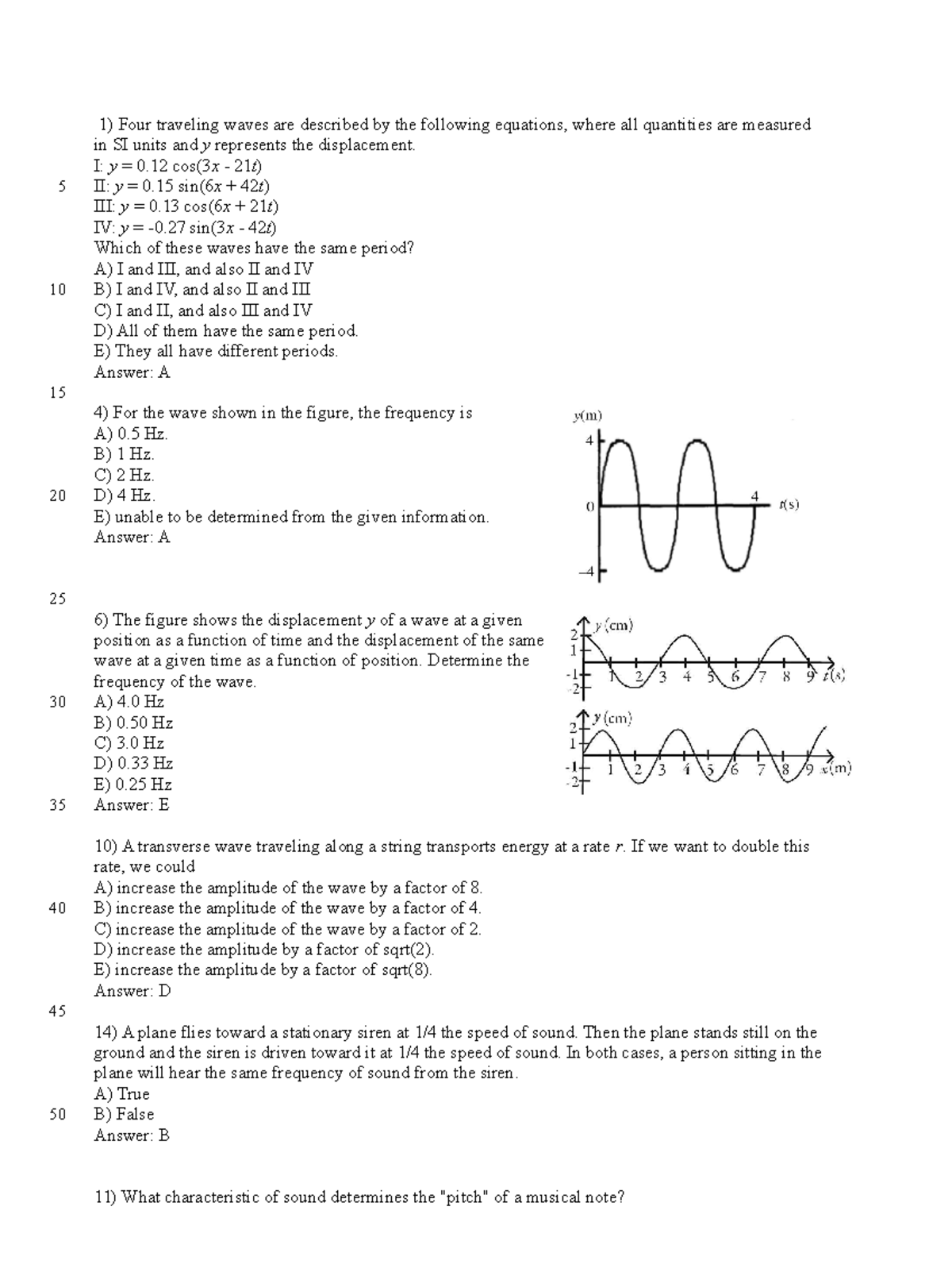 Additional problems Chapter 16 - Four traveling waves are described by ...