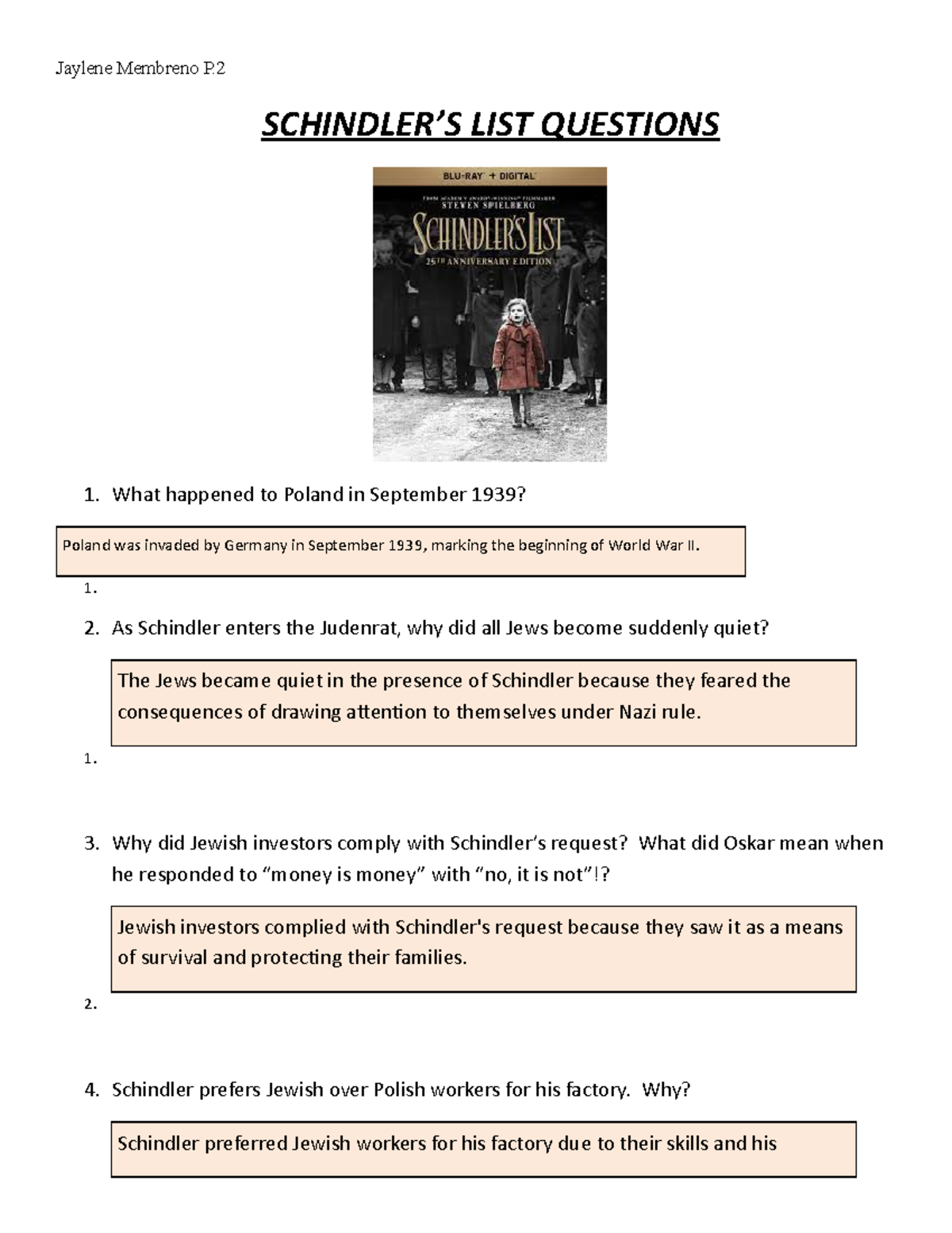 Schindler's List Questions SCHINDLER’S LIST QUESTIONS What happened
