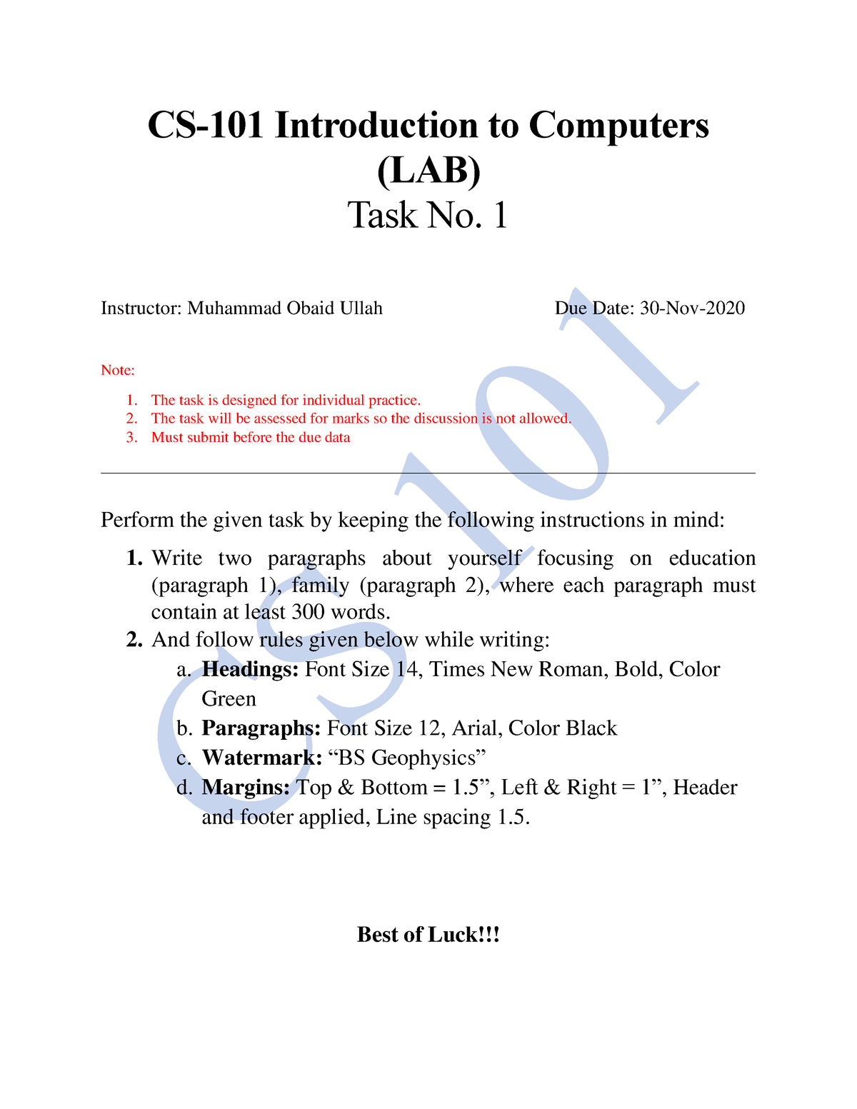 Task#2 - CS- 101 Introduction To Computers (LAB) Task No. 1 Instructor ...