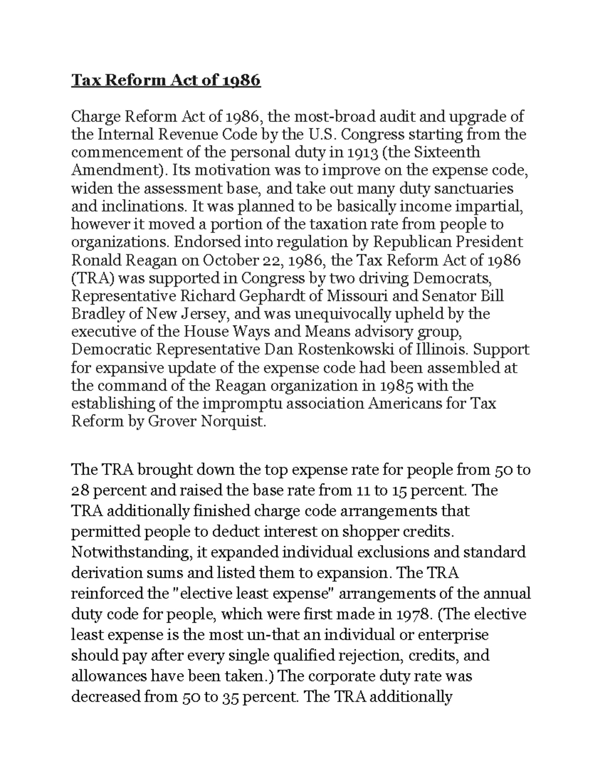 Tax Reform Act of 1986 Tax Reform Act of 1986 Charge Reform Act of