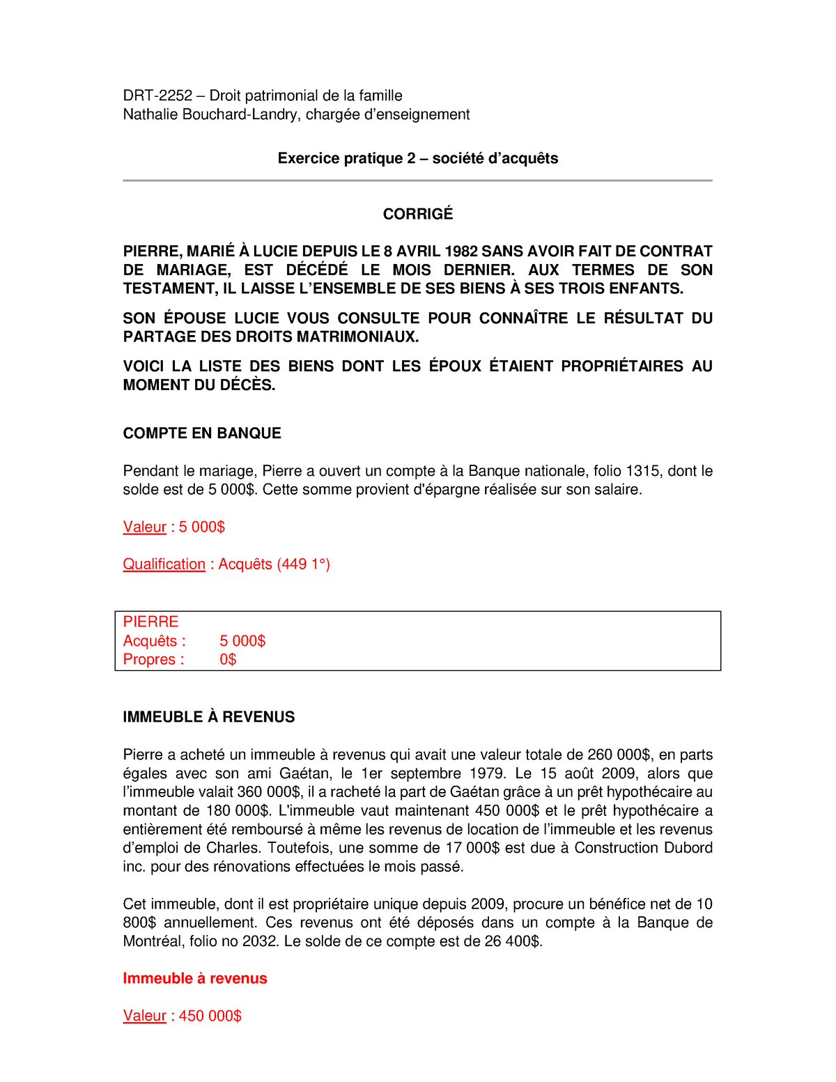 Cours Exercice Pratique Soci T D Acqu Ts Corrig Drt Droit Patrimonial De La