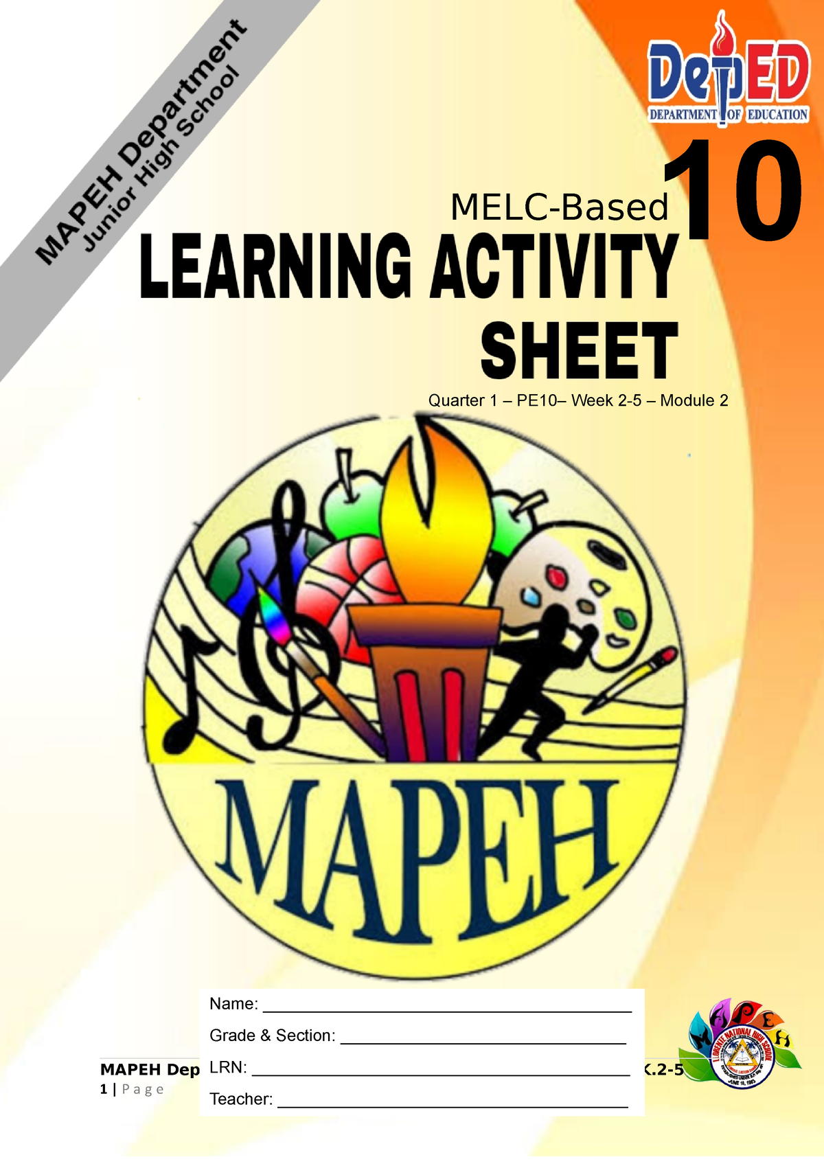 Q1 LAS PE10 WK2 5 Module 2 - MAPEH Department Quarter 1 Learning ...