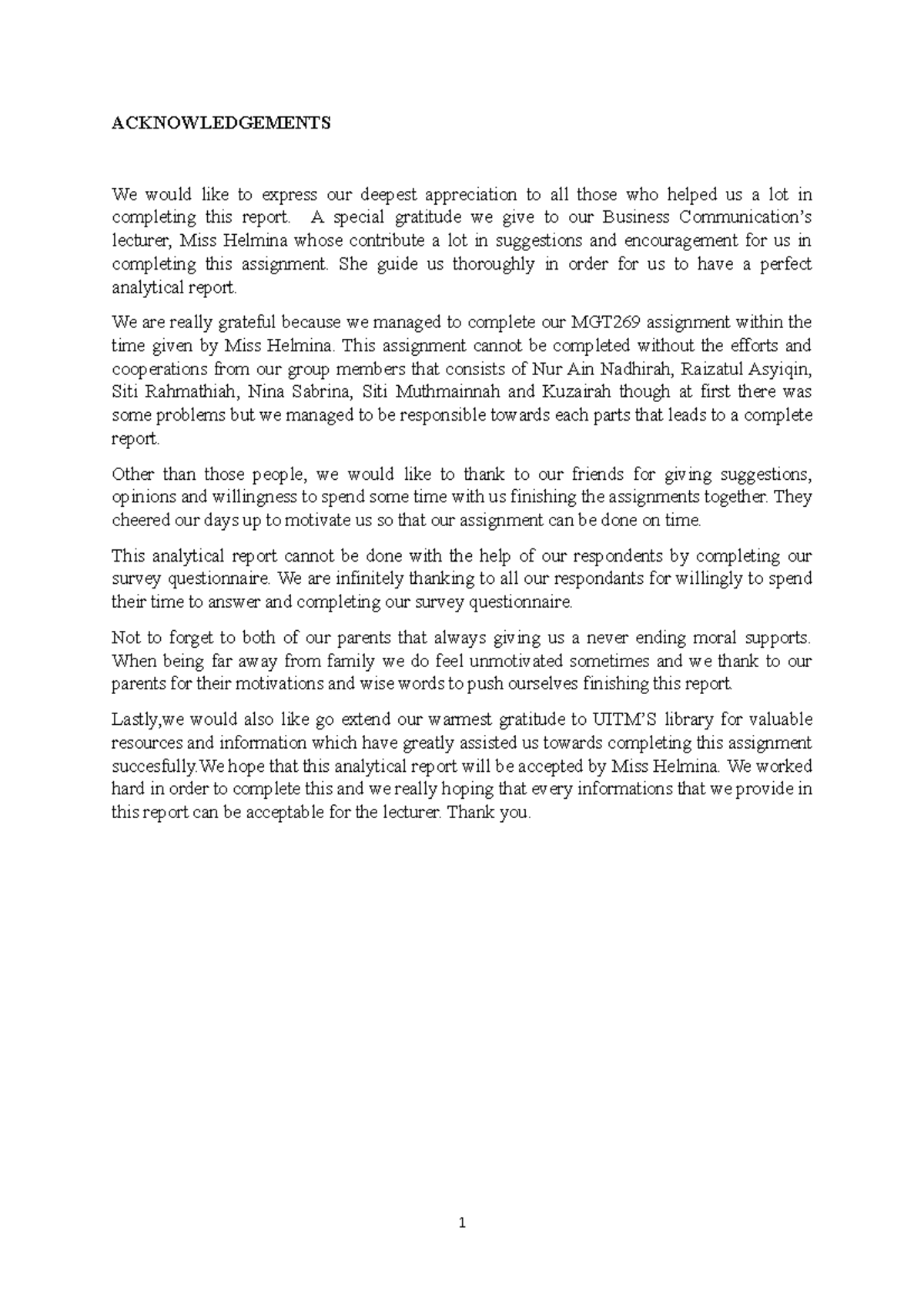 Complete Analytical Report MGT269 - ACKNOWLEDGEMENTS We would like to ...