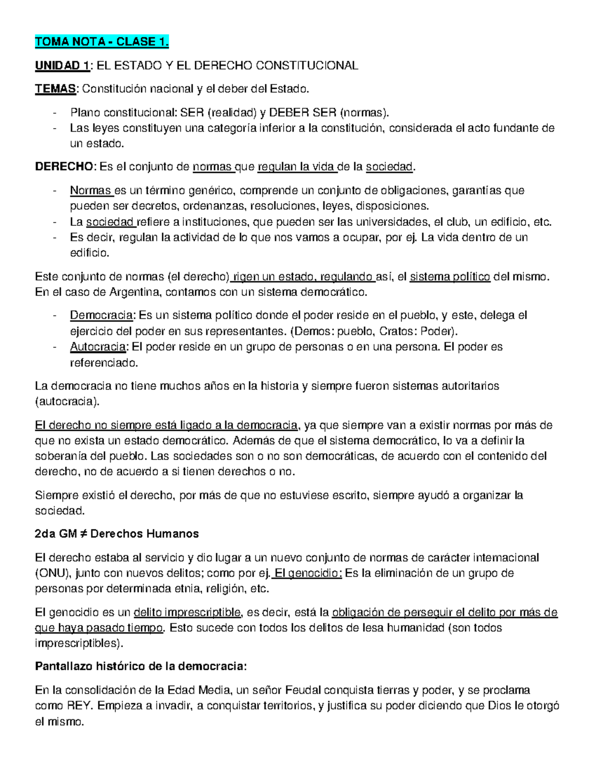 Apuntes Derecho - TOMA NOTA - CLASE 1. UNIDAD 1: EL ESTADO Y EL DERECHO ...