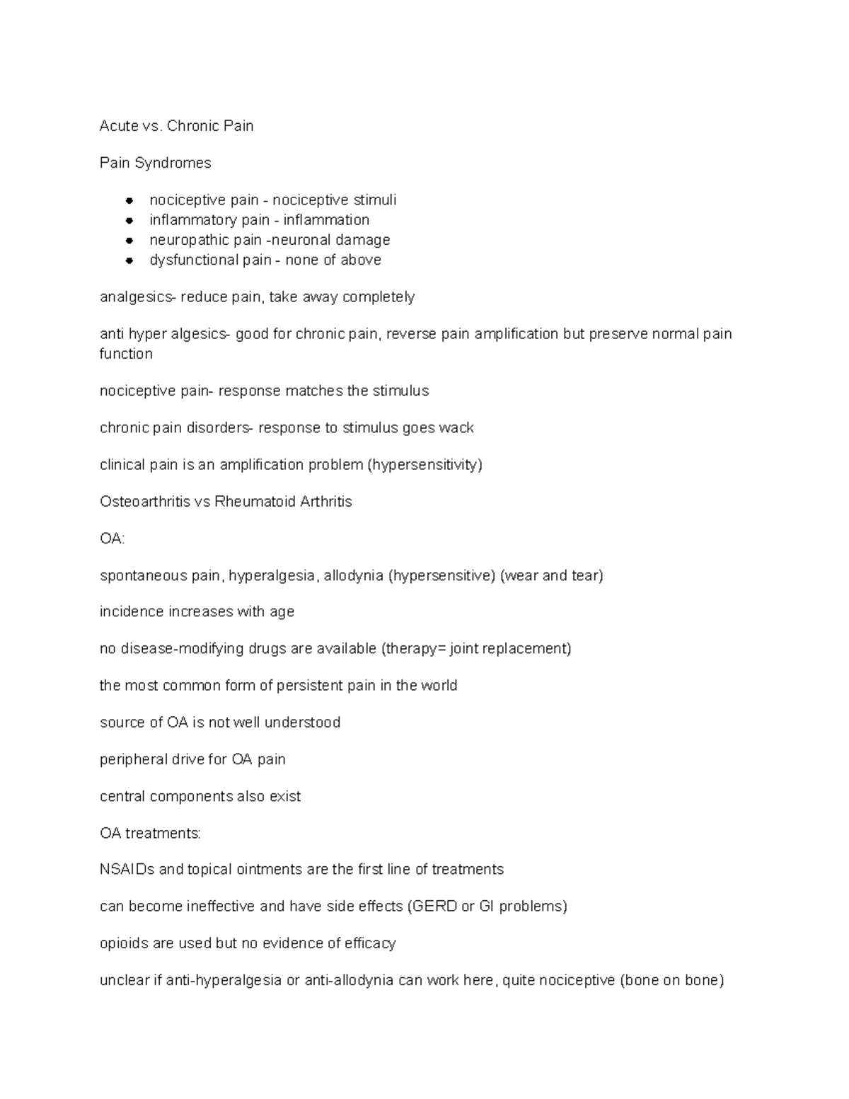 Acute vs Chronic Pain - Prof. Price Lecture notes spring 23 - Acute vs ...