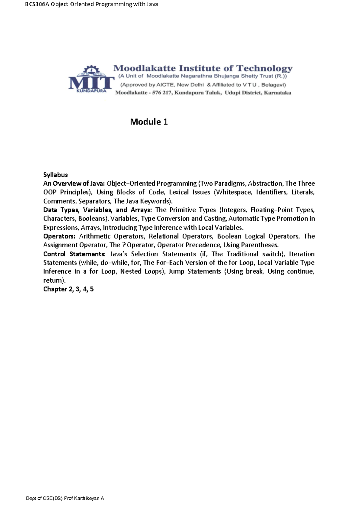 BCS306A Module 1 Notes - Module 1 Syllabus An Overview of Java: Object− ...