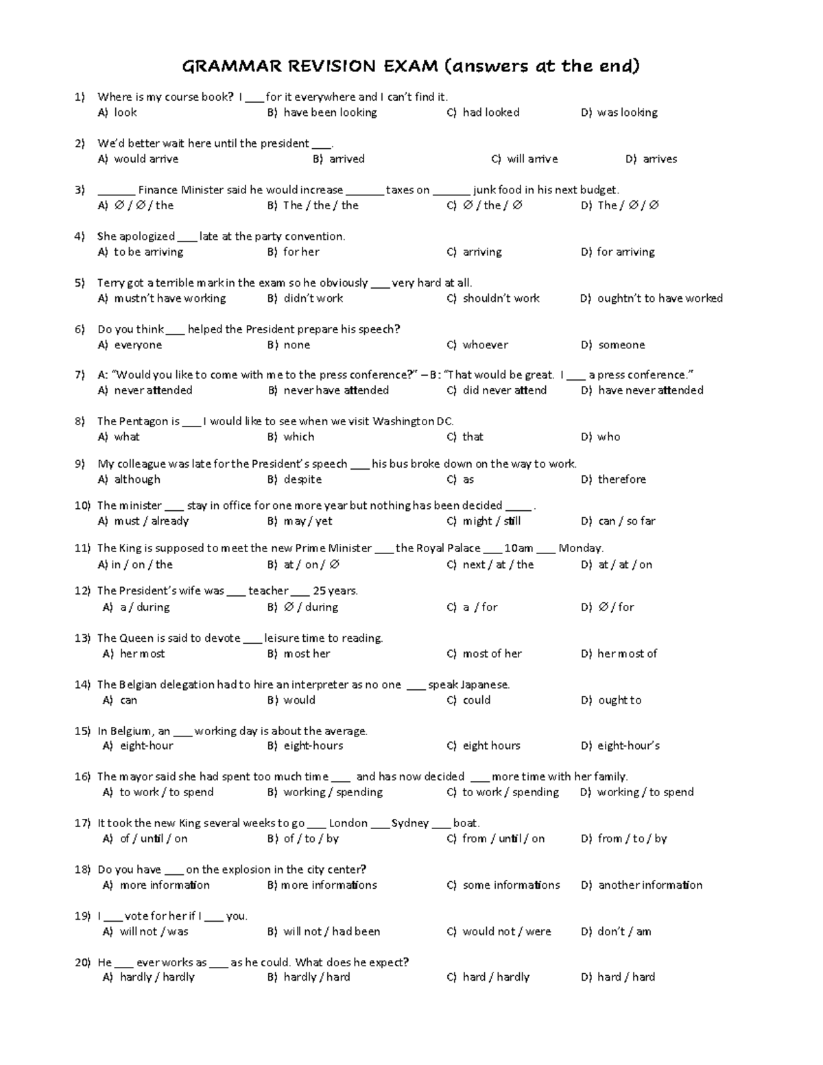 Grammar Revision exam - GRAMMAR REVISION EXAM (answers at the end ...