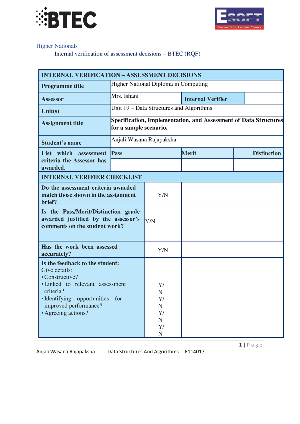 Its about Ideals - 1 | P a g e Higher Nationals Internal verification ...