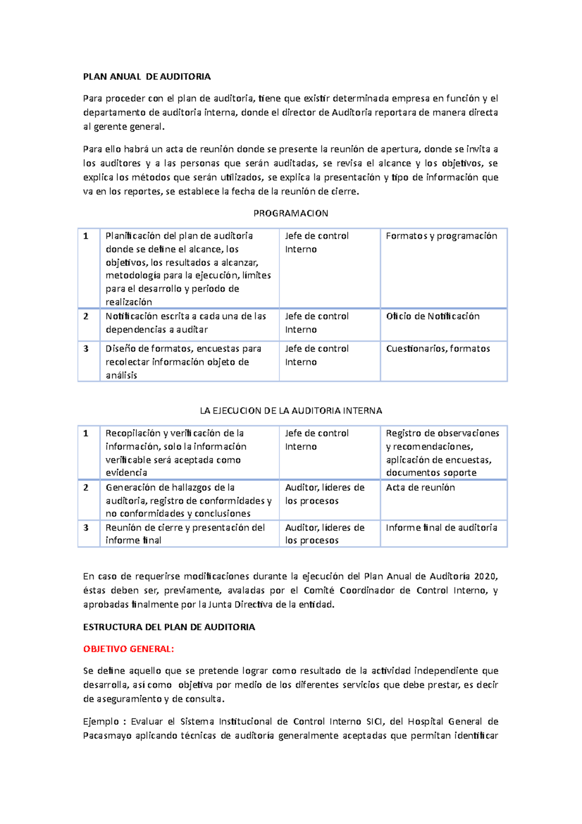 Estructura DEL PLAN Anual DE Auditoria - PLAN ANUAL DE AUDITORIA Para ...