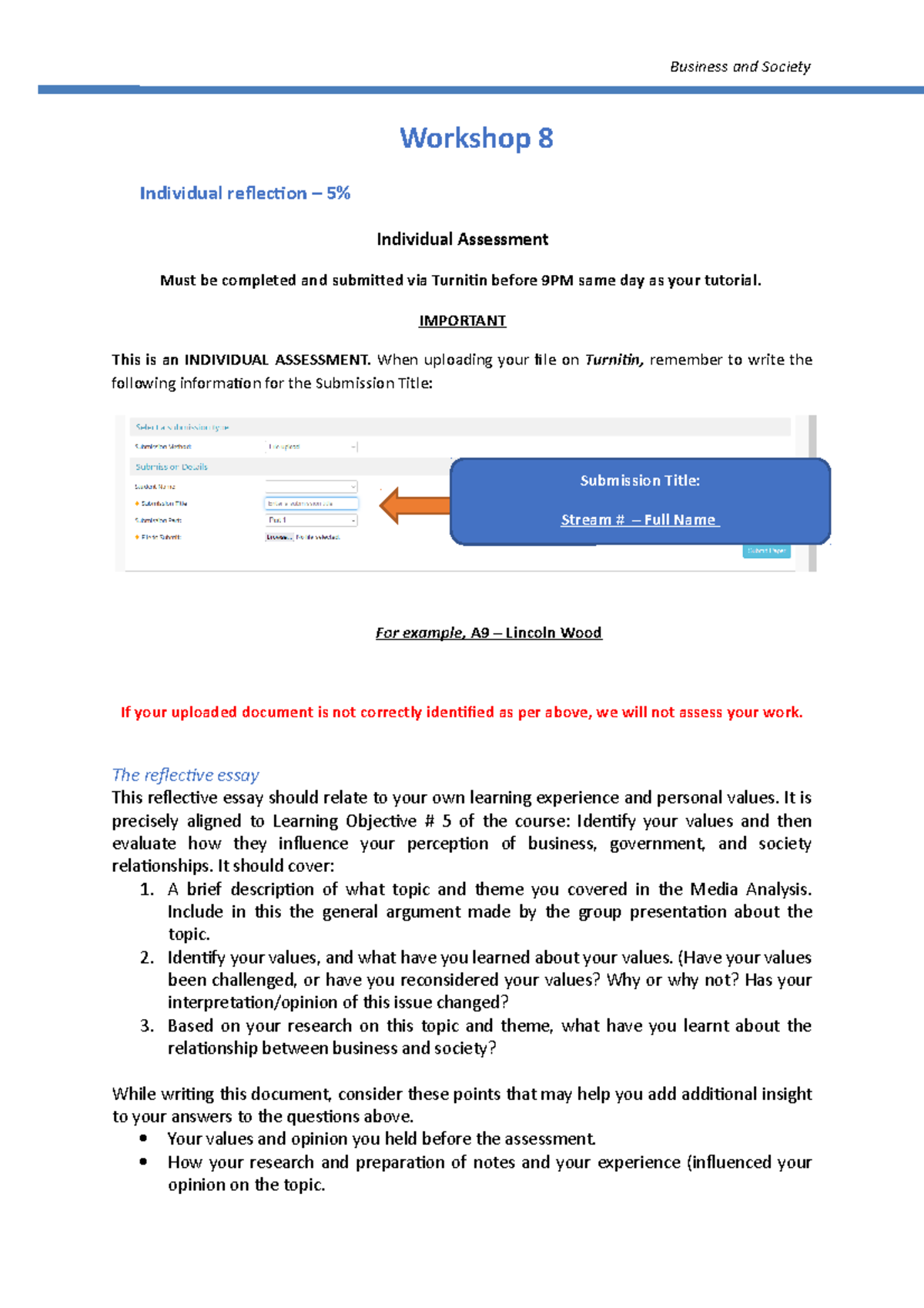 Workshop 8 Reflective Essay instructions - Business and Society ...