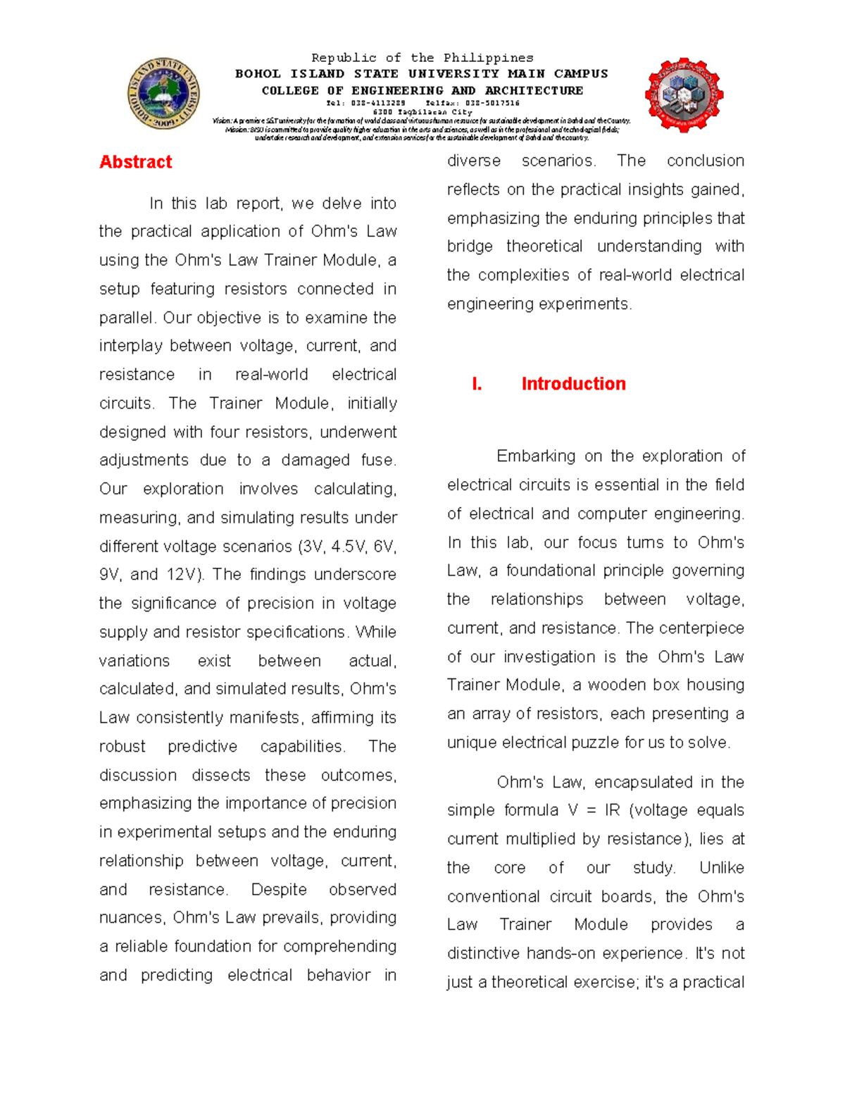 Ohms Law - LAB Report - BOHOL ISLAND STATE UNIVERSITY MAIN CAMPUS ...