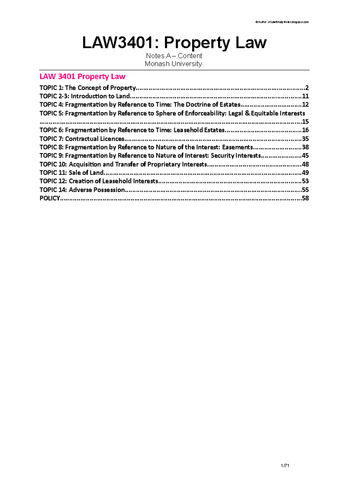 LAW3401 Property Law A - Lecture notes ALL - LAW3401: Property Law ...