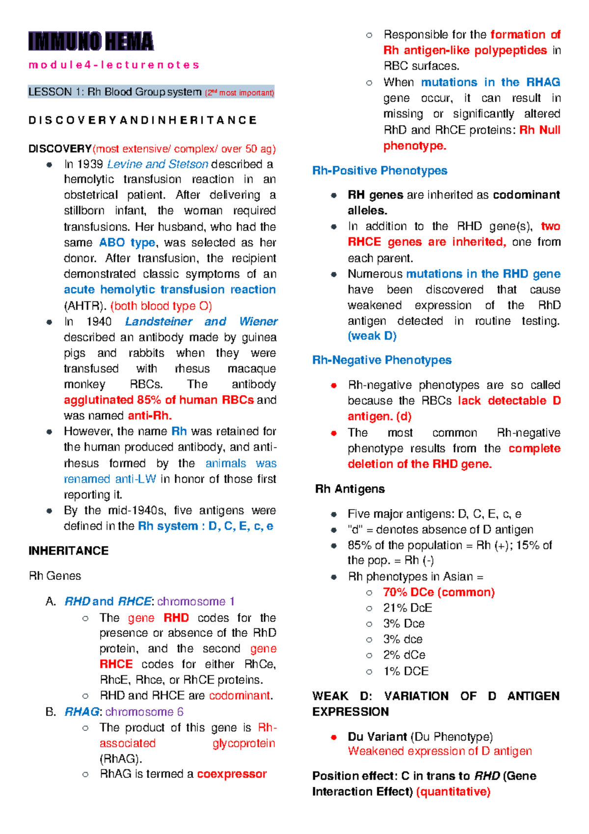 Immunohematology: Rh Blood Group System - M O D U L E 4 - L E C T U R E ...