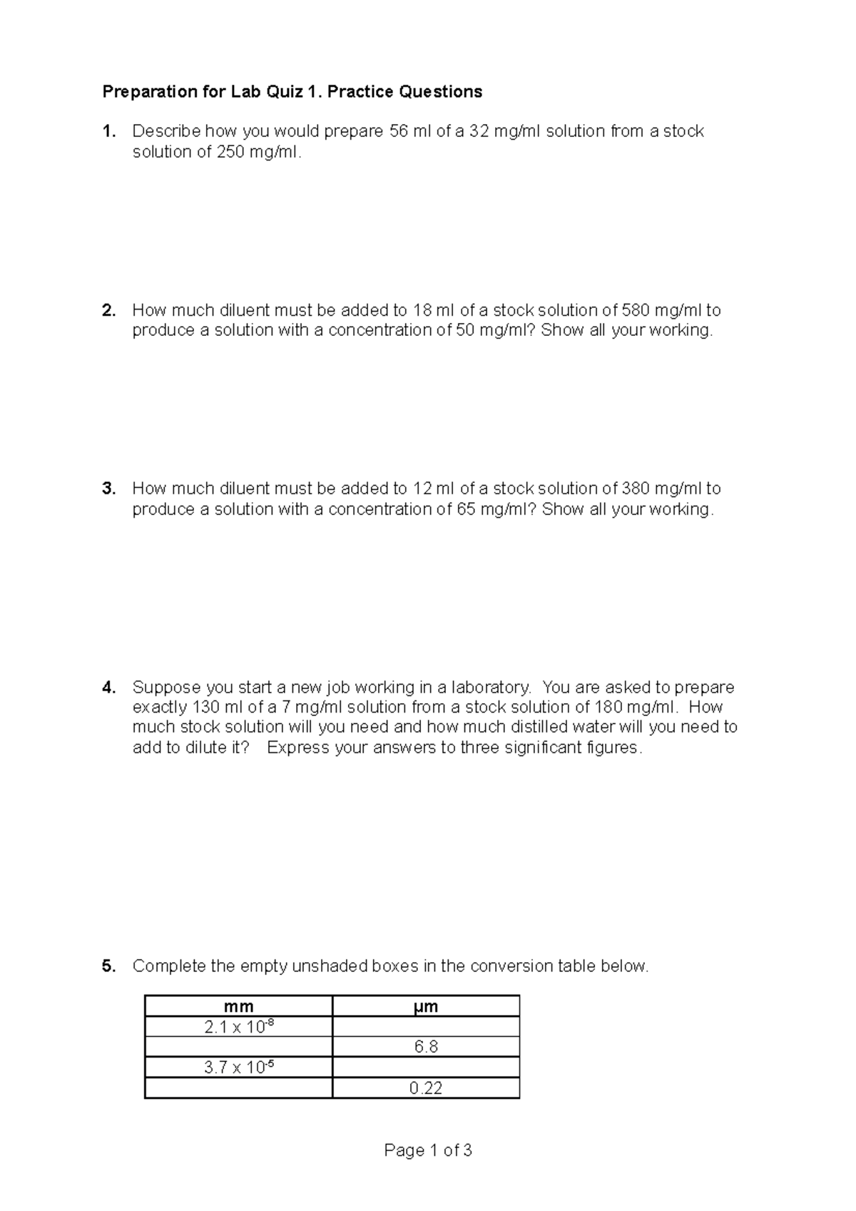 1 Practice calcs for Lab Quiz 1 - Biology of Cells - Massey University ...