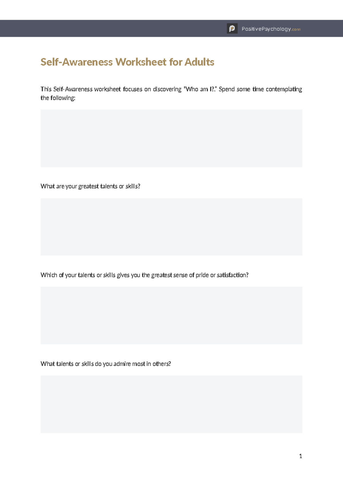 Self Awareness Worksheet for Adults - ” Spend some time contemplating ...