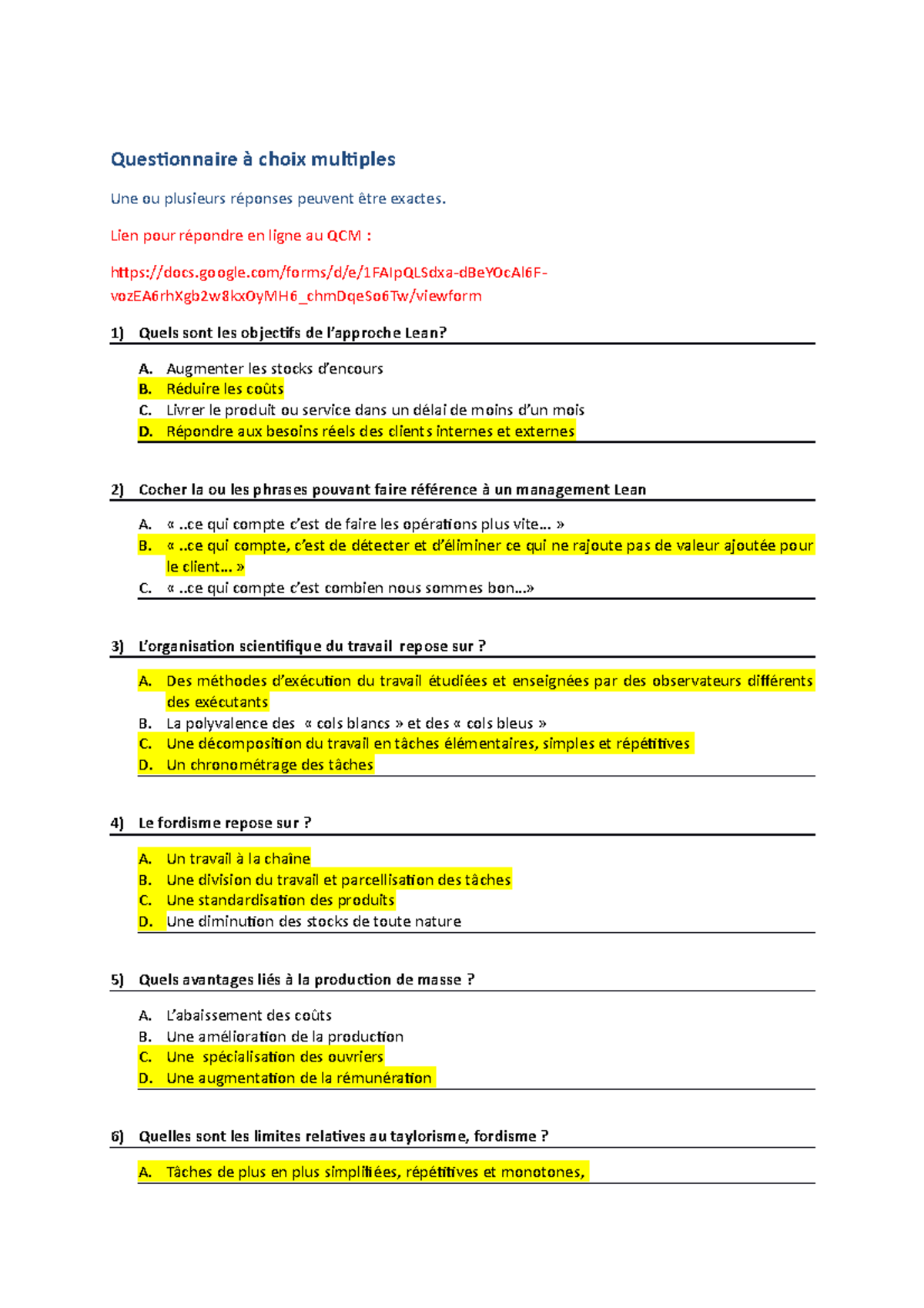 Qcm Fordisme Taylorisme Toyotisme Questionnaire Choix Multiples Une Ou Plusieurs R Ponses