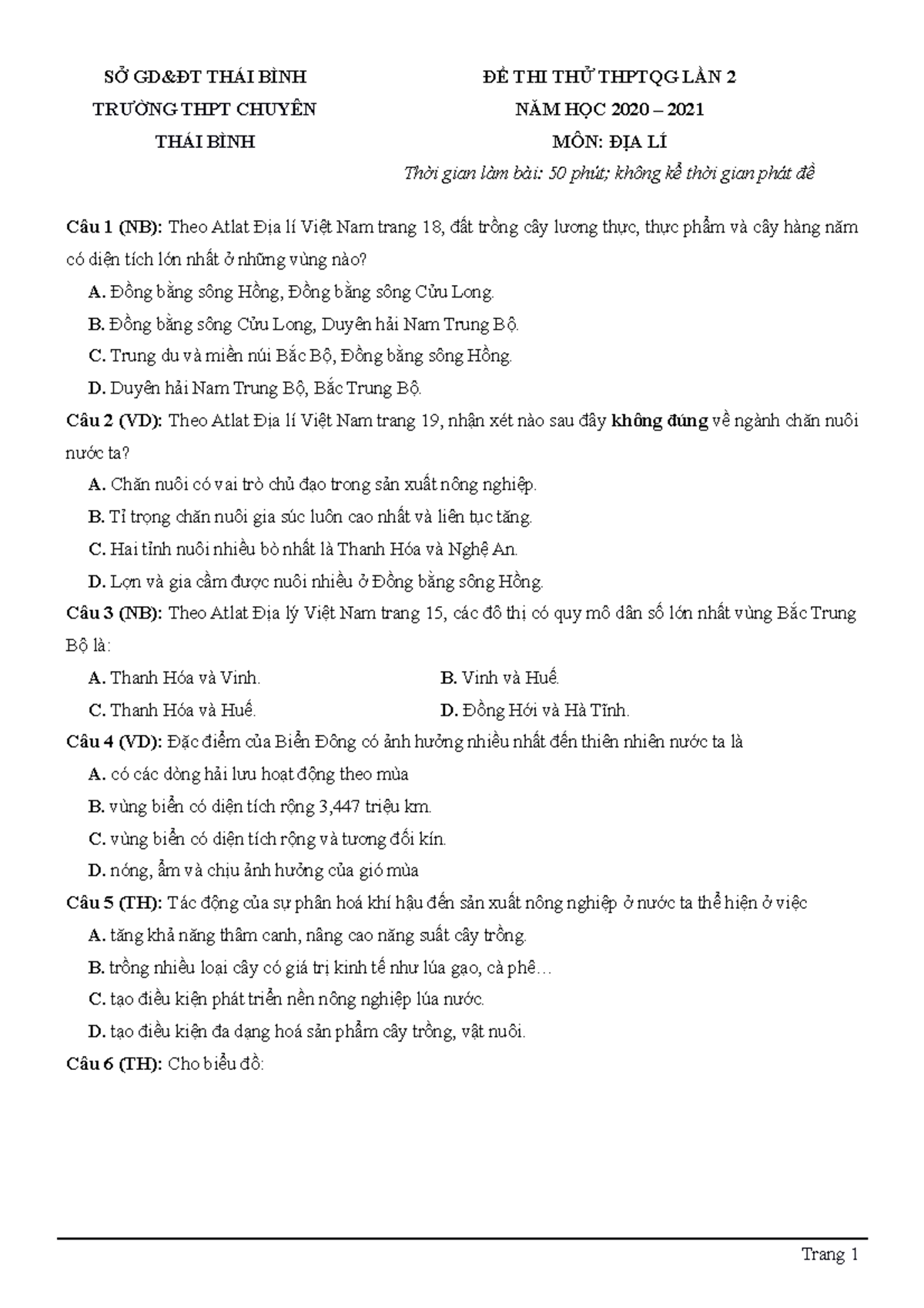 5. Đề thi thử TN THPT 2021 Môn Địa Lý THPT Chuyên Thái Bình Lần 2