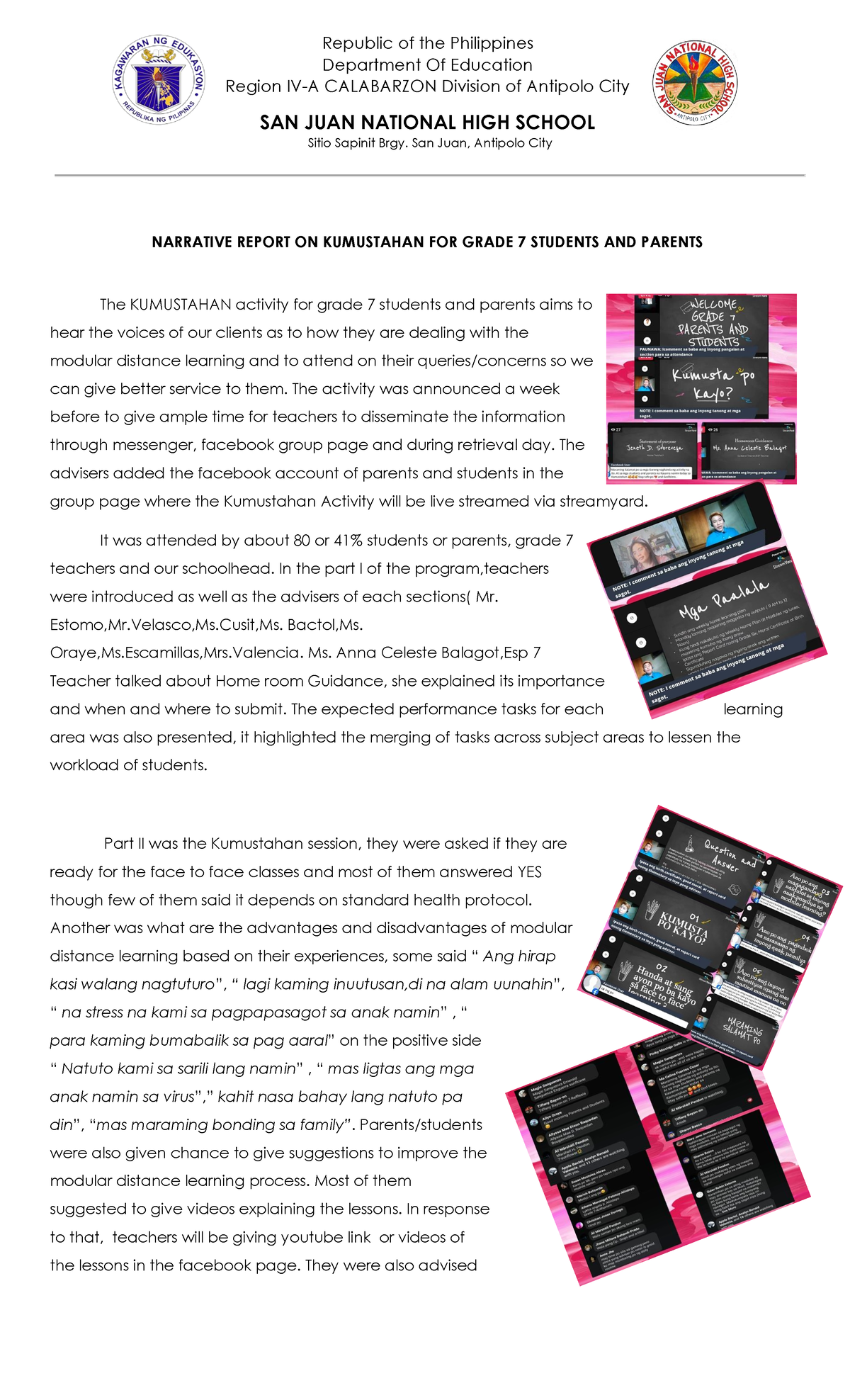 Narrative Report Kumustahan Republic Of The Philippines Department Of Education Region Iv A Studocu