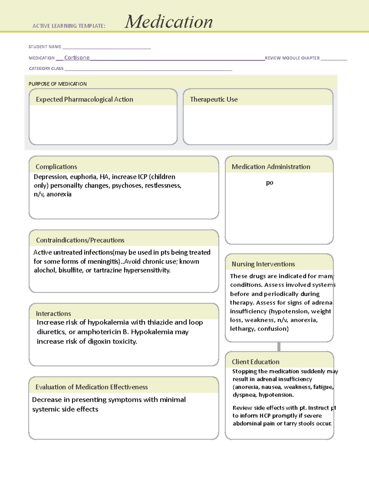 Cortisone Medication Template - STUDENT NAME ...