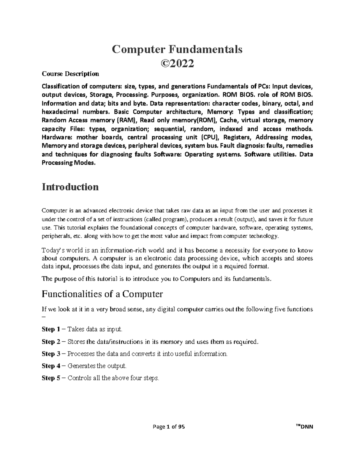 Computer Fundamentals - Computer Fundamentals © Course Description ...