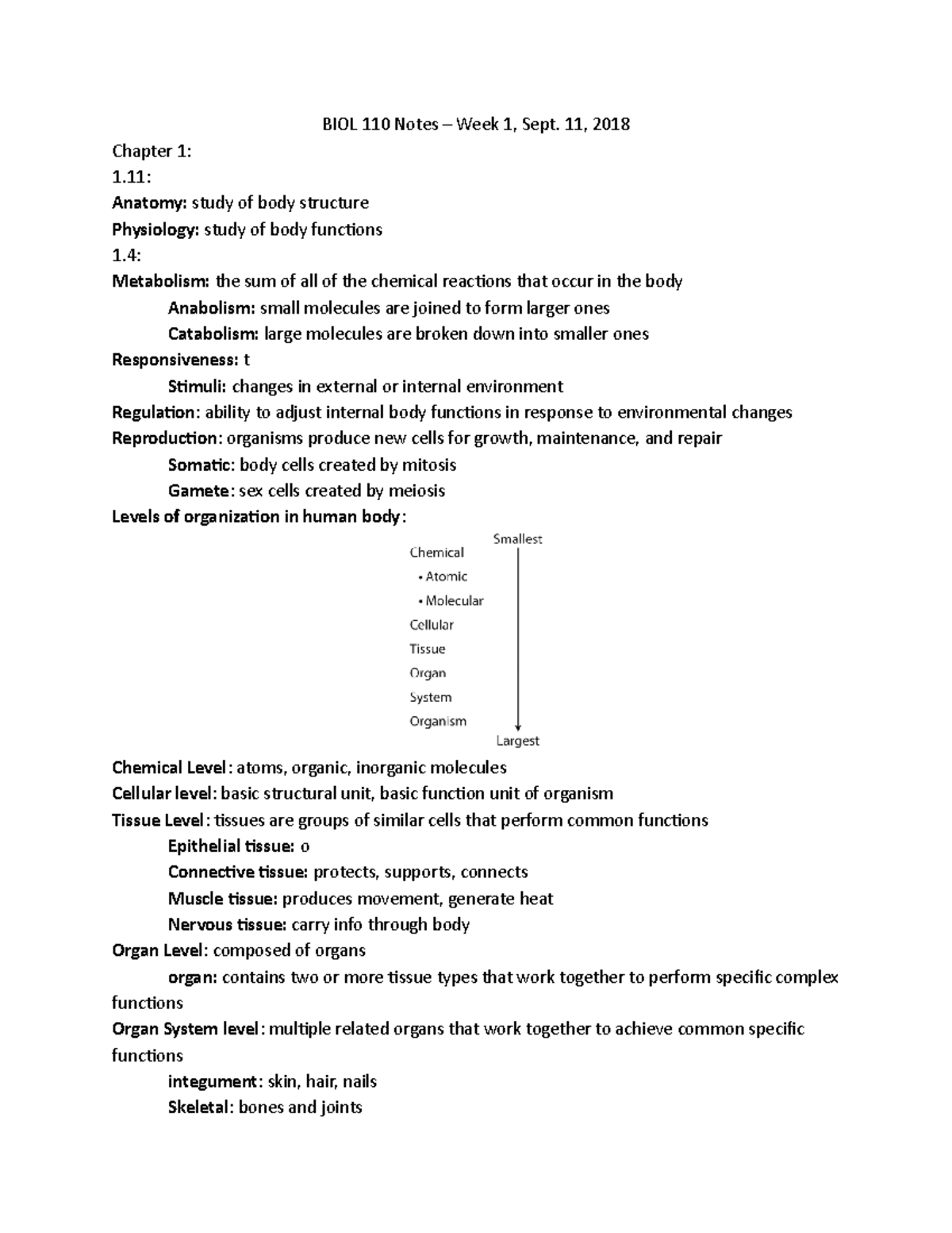 Lecture 1 Notes - BIOL 110 Notes – Week 1, Sept. 11, 2018 Chapter 1: 1 ...