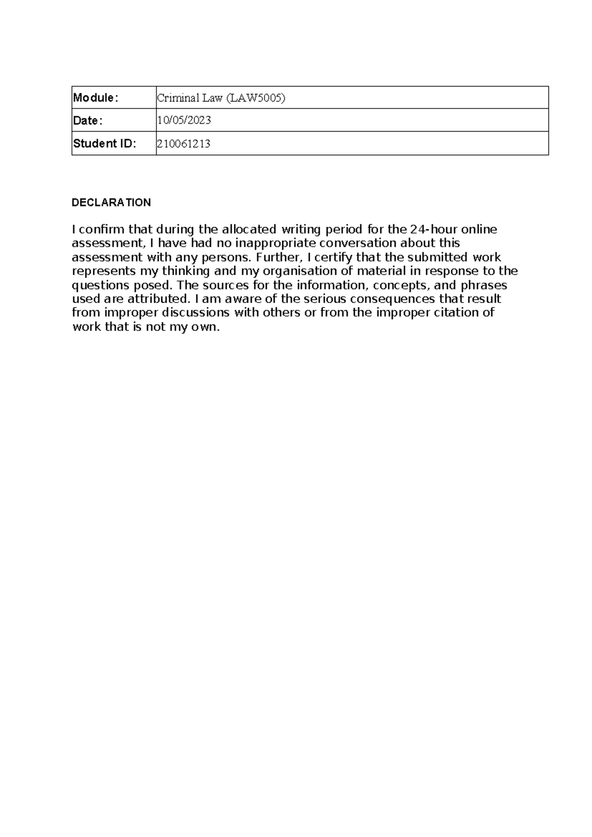 Criminal Assessment - Module: Criminal Law (LAW5005) Date: 10/05 ...