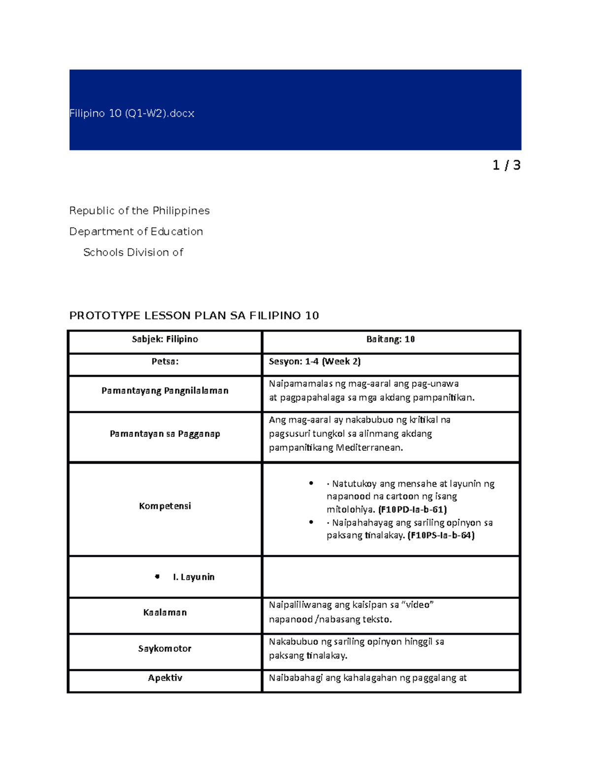 Fil10 Dlp W2 - Dlp For Subject In Filipino 2nd Quarter - Filipino 10 ...