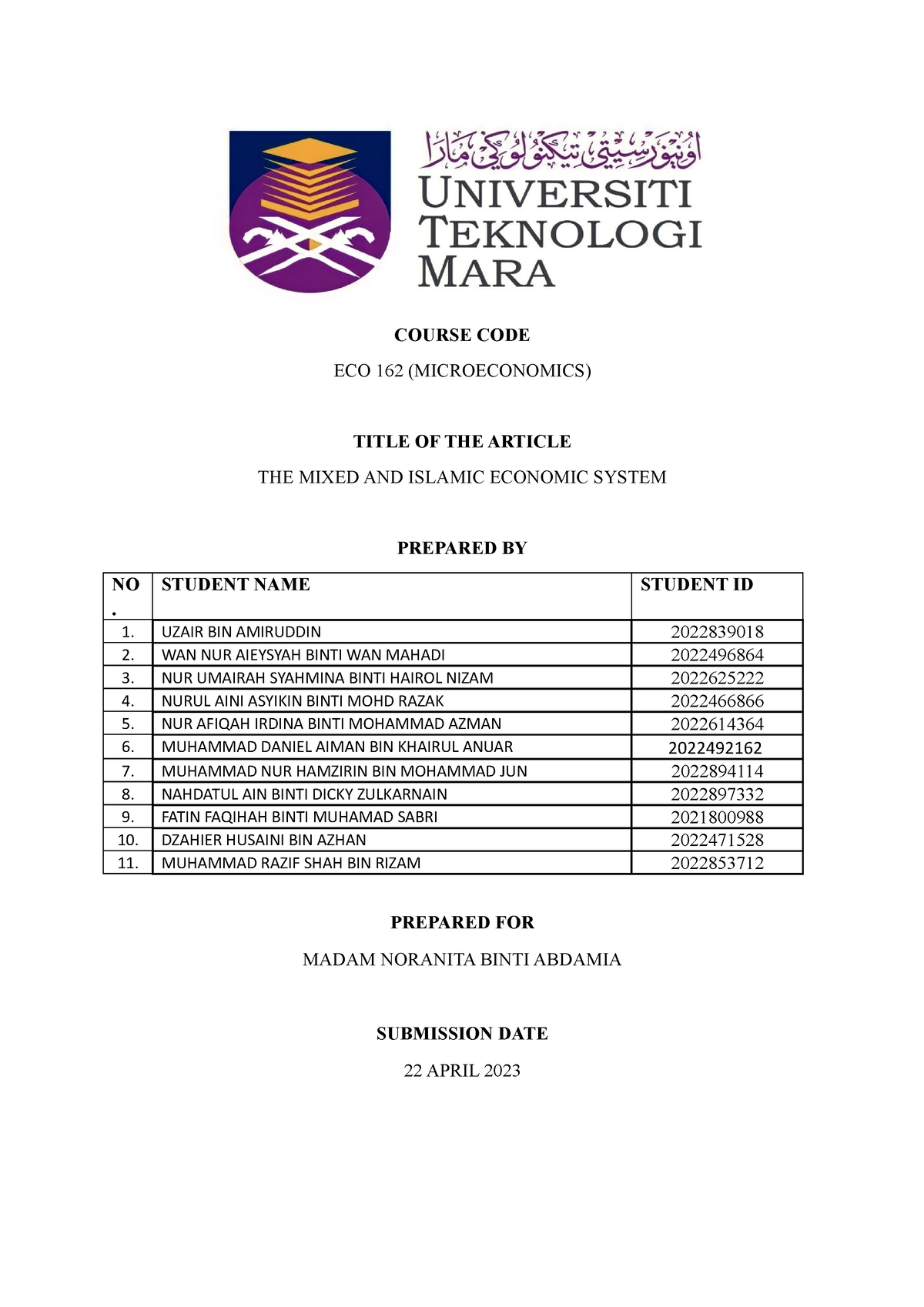 ECO 162 ( Group B) - Tak Banyak Mana Pun - COURSE CODE ECO 162 ...