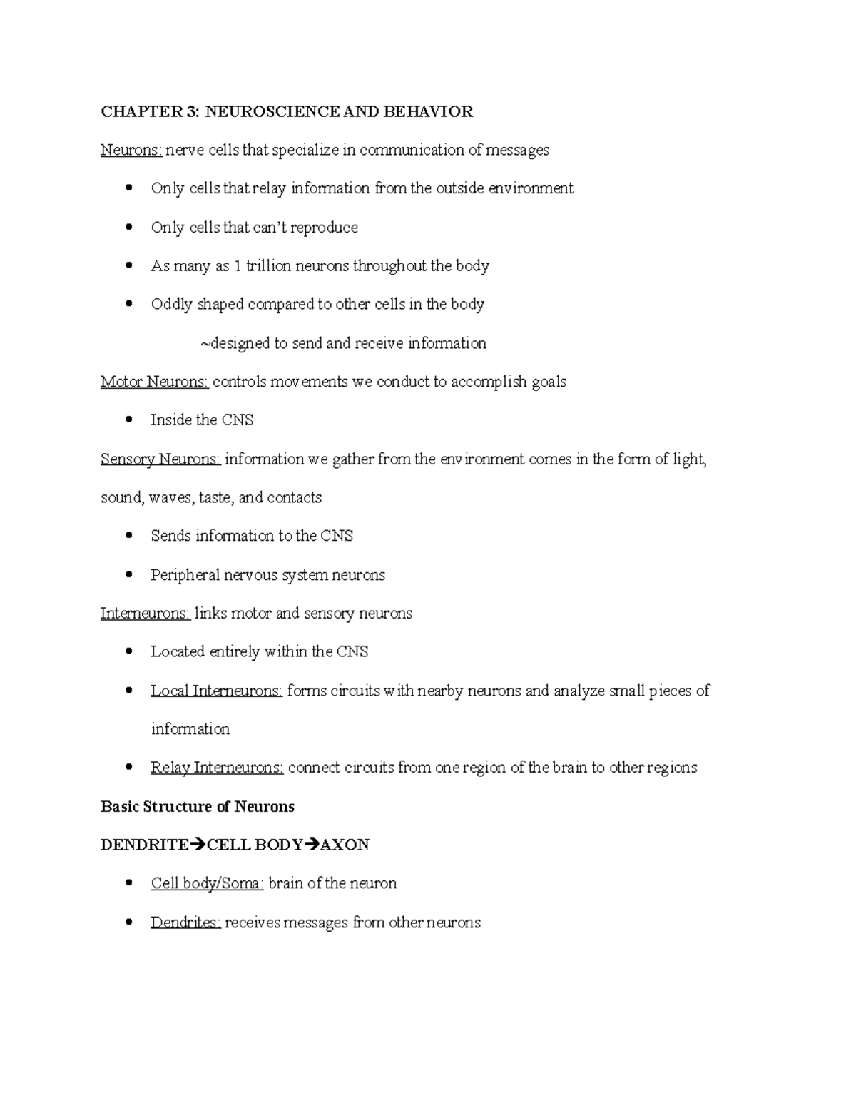 Chapter 3 PSCH - notes - CHAPTER 3: NEUROSCIENCE AND BEHAVIOR Neurons ...