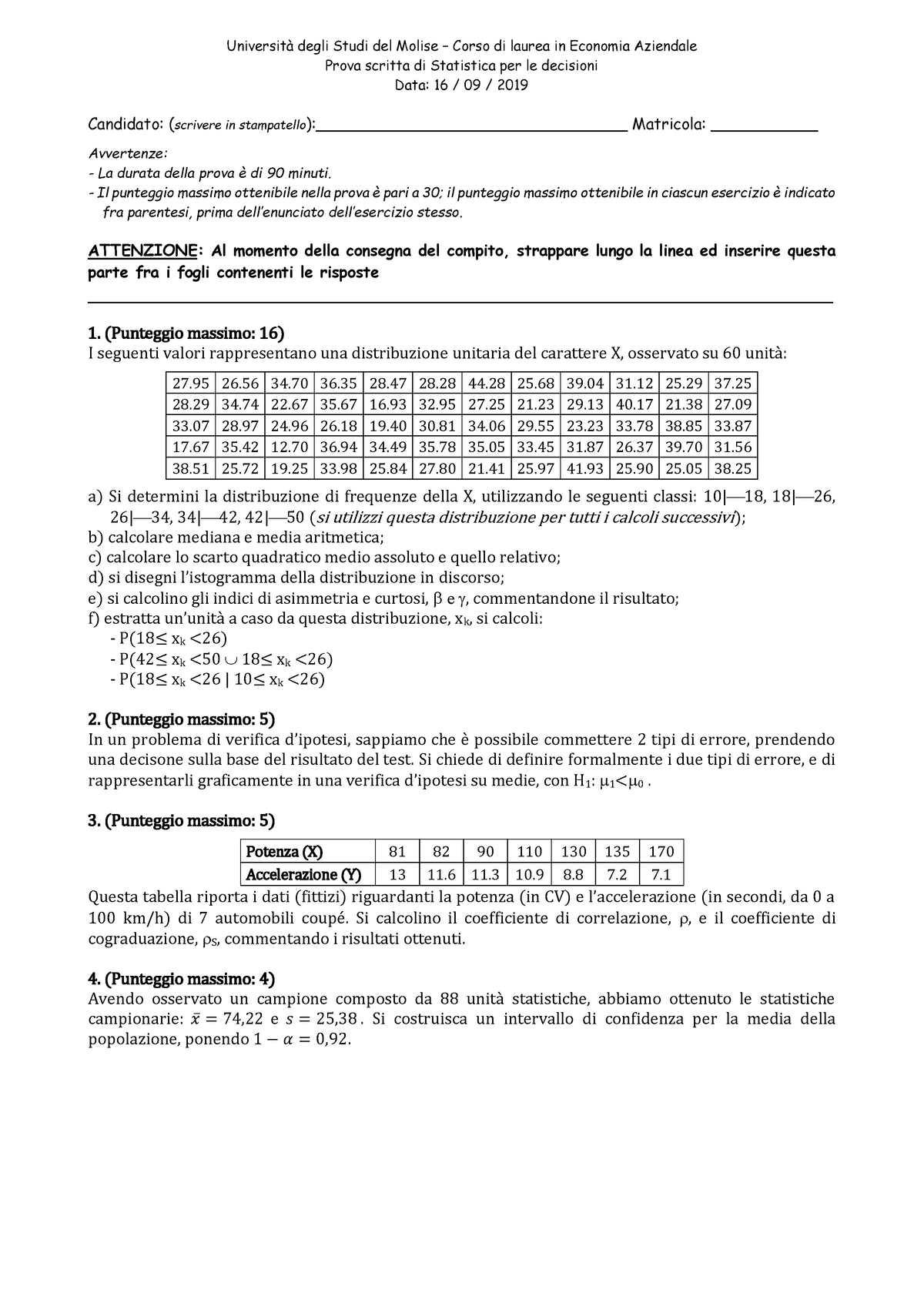 Esempio/prova D'esame 16 Settembre 2019, Domande - Università Degli ...