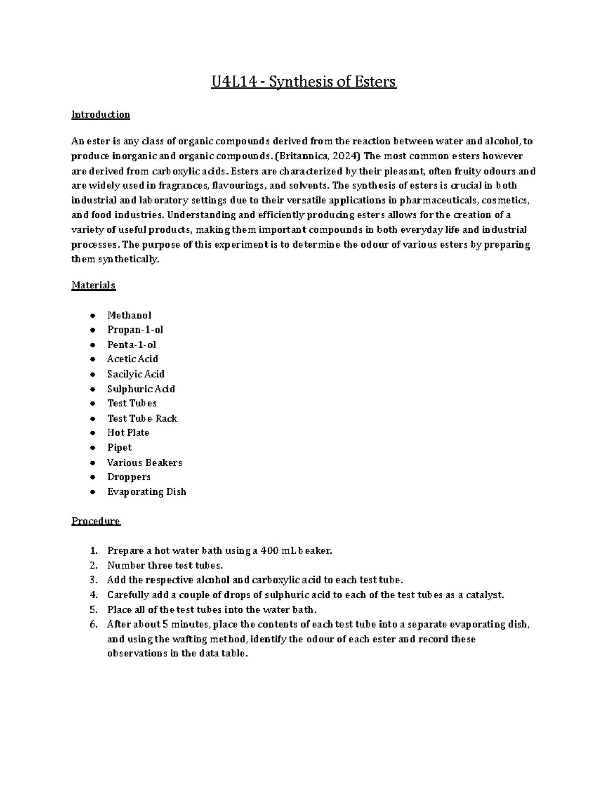 Synthesis of Esters - U4L14 - Synthesis of Esters Introduction An ester ...