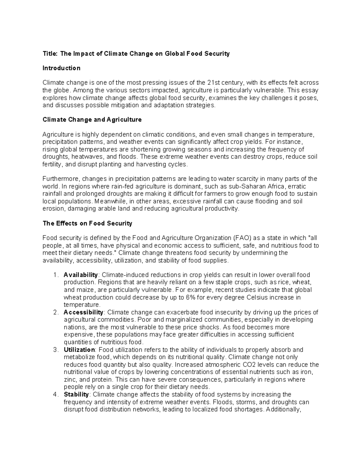 Studocu upload - Title: The Impact of Climate Change on Global Food ...