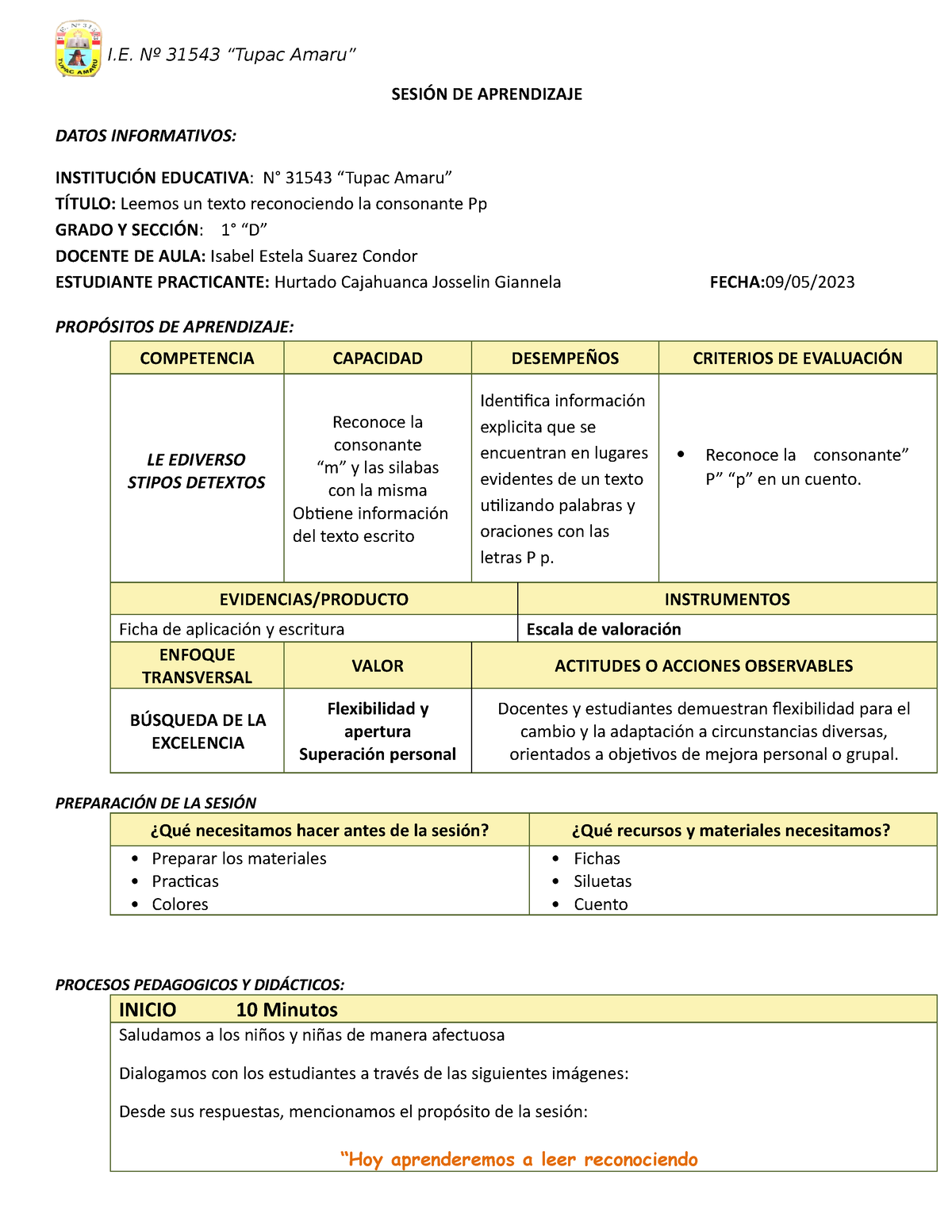 Comunicacion Consonante P - SESIÓN DE APRENDIZAJE DATOS INFORMATIVOS ...